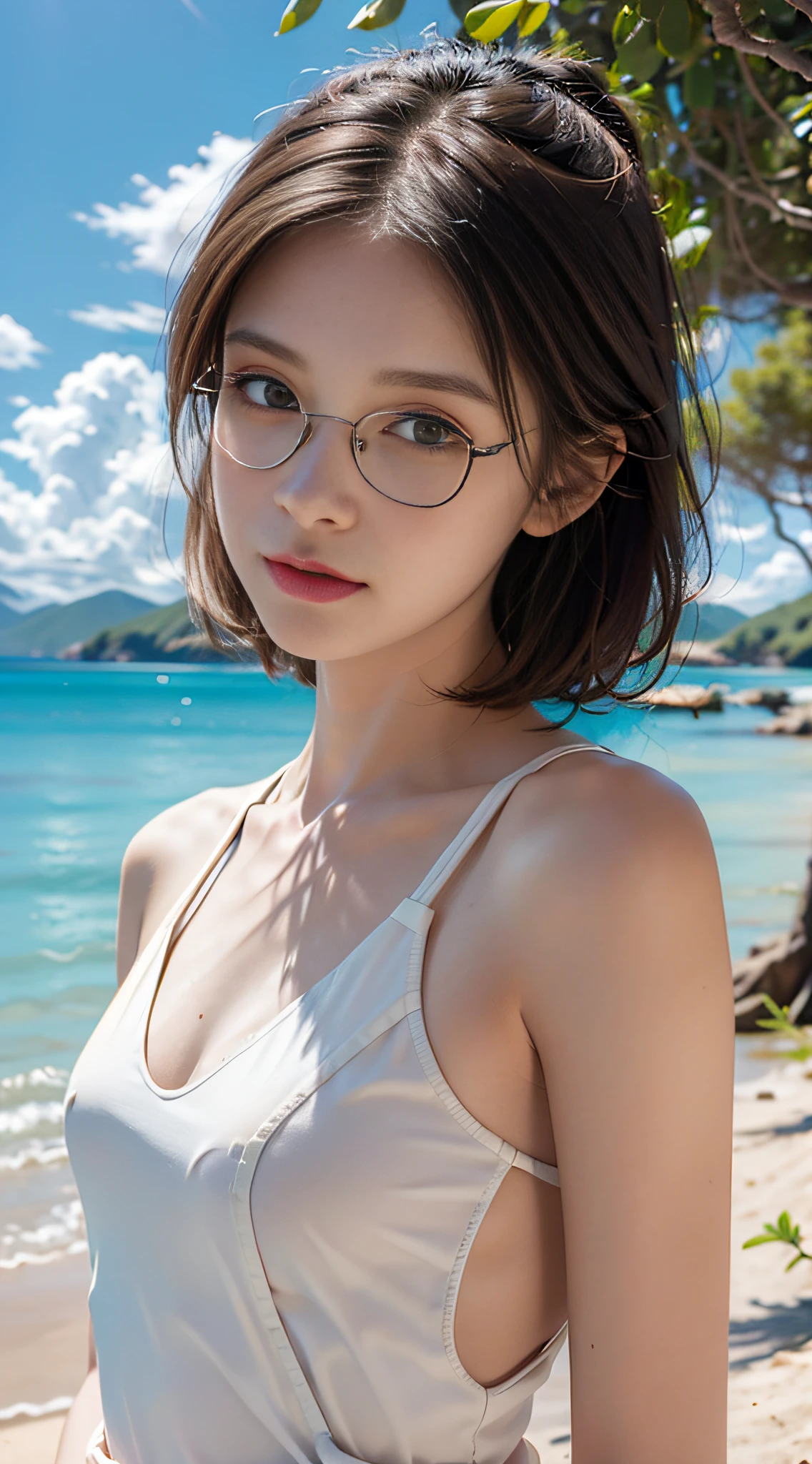 masterpiece,best quality,Ultra HD,extremely,best quality,
bust,(straight-on:1.2),upper body,
an extremely delicate and beautiful girl with glasses,
(facing viewer:1.2),pov,
short hair,messy hair,small breasts,
vest, seaside,beach,sunshine,detailed background,