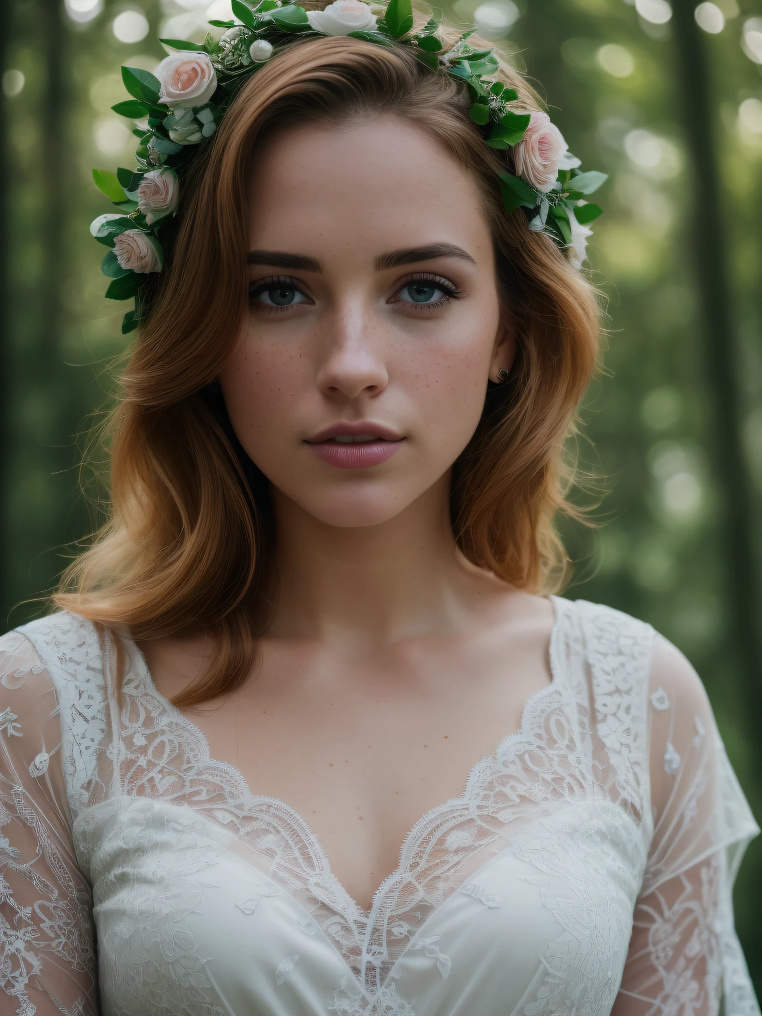 romantic style, masterpiece, full color, best quality, 8k, artstation, sharp focus, ultrarealistic, high details, raw photo ofa portrait of a pole, undercut hair, freckles, amazing body, pronounced feminine feature, (redhead:0.4), (photorealistic:1.3), (highest quality:1.3), (film grain:1.3),  ( world's best photography:1.3), (professional Photo:1.3), (detailed details:1.3), (cinematic light:1.3), ( cinematic color:1.3), maximum depth of field, film photography, ( intricate details:1), (hyperdetailed:1), cute lace pattern outfit, forest (((SFW)))