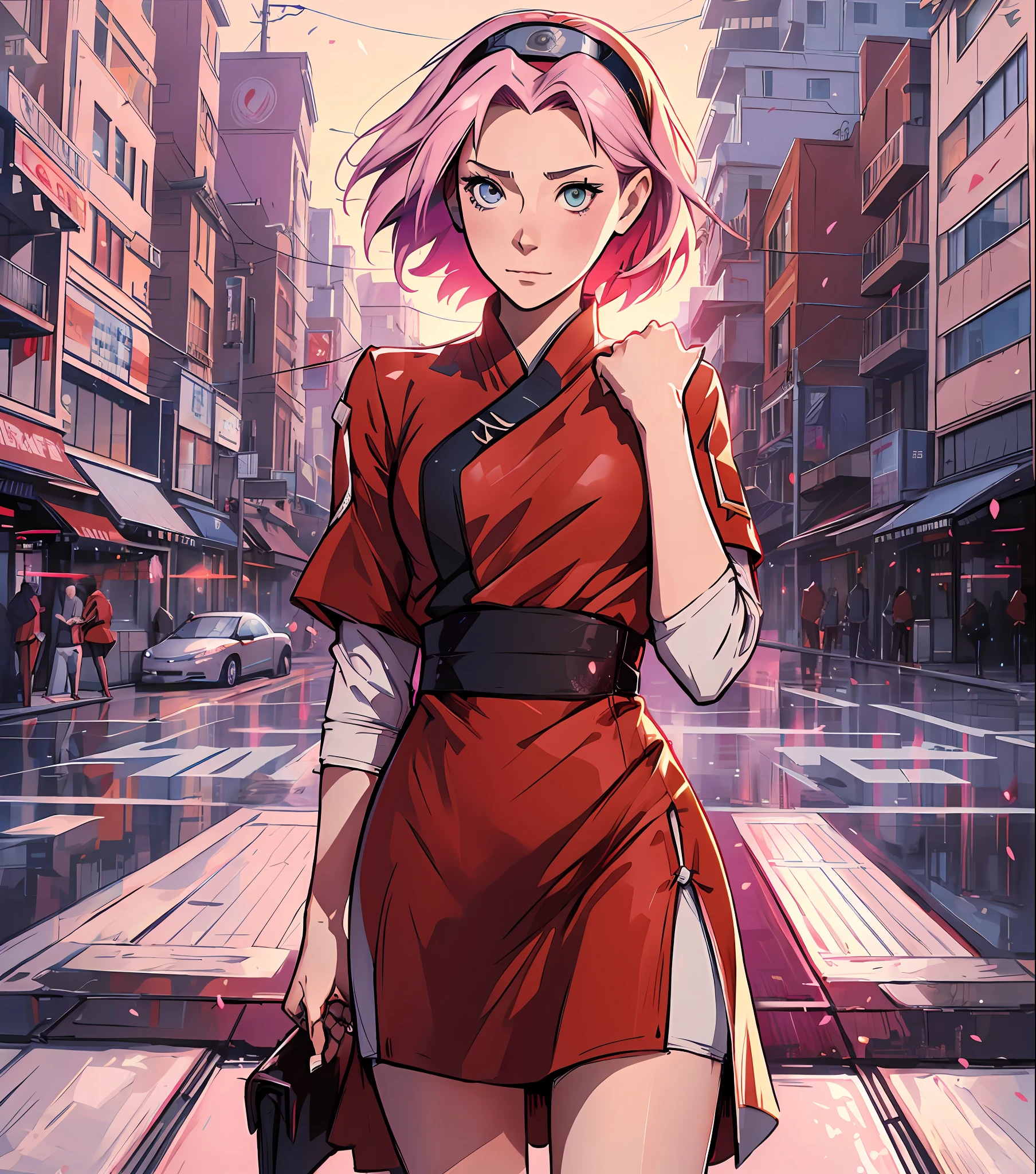 Sakura haruno, ((forehead the show)), solo, skinny,((beautiful)) charming, contemplating the sunset, attractive, wearing a red dress, pink hair, delicate, young, SHORT hair, detailed face, austere image, ((full body)), looking at the viewer, bandana on the head, trend in art by rhads, andreas rocha, rossdraws, makoto shinkai, laurie greasley, lois van baarle, ilya kuvshinov and greg rutkowski