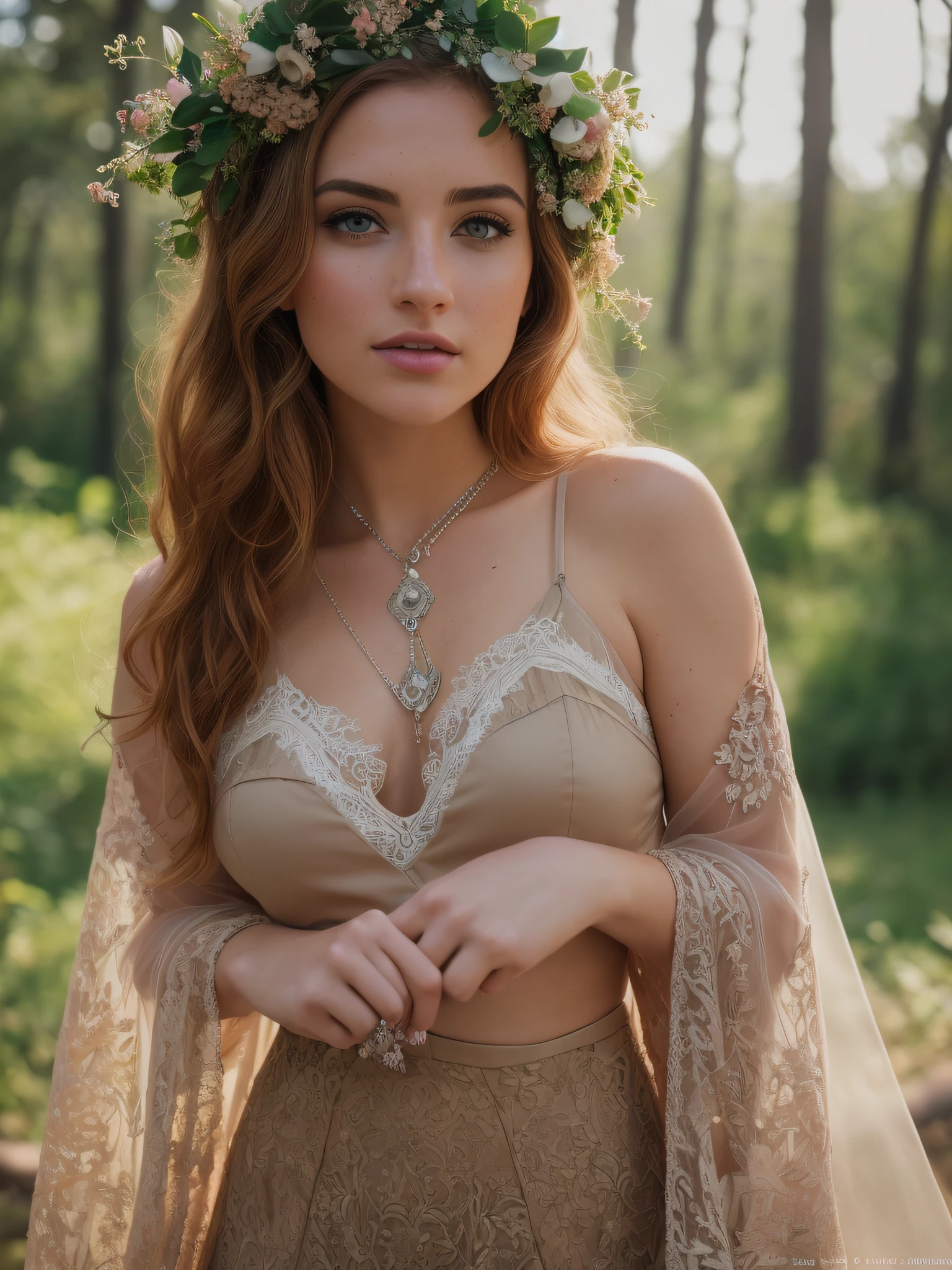 romantic style, masterpiece, full color, best quality, 8k, artstation, sharp focus, ultrarealistic, high details, raw photo ofa portrait of a pole, undercut hair, freckles, amazing body, pronounced feminine feature, (redhead:0.4), (photorealistic:1.3), (highest quality:1.3), (film grain:1.3), ( world's best photography:1.3), (professional Photo:1.3), (detailed details:1.3), (cinematic light:1.3), ( cinematic color:1.3), maximum depth of field, film photography, ( intricate details:1), (hyperdetailed:1), cute lace pattern outfit, forest (((SFW)))