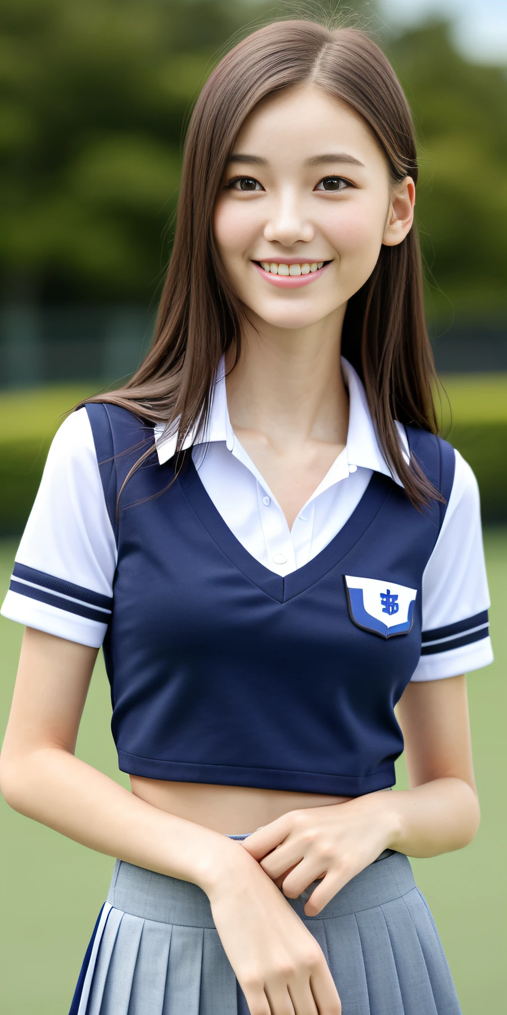 neat college girl, petite person, (school uniform, summer uniform, short sleeve), outside the athletic field, (slim), photorealistic, detail, skin texture, ultra detail, delicate  collarbone, smile, super detailed face, detailed lips, detailed eyes, double eyelids,  enhancement