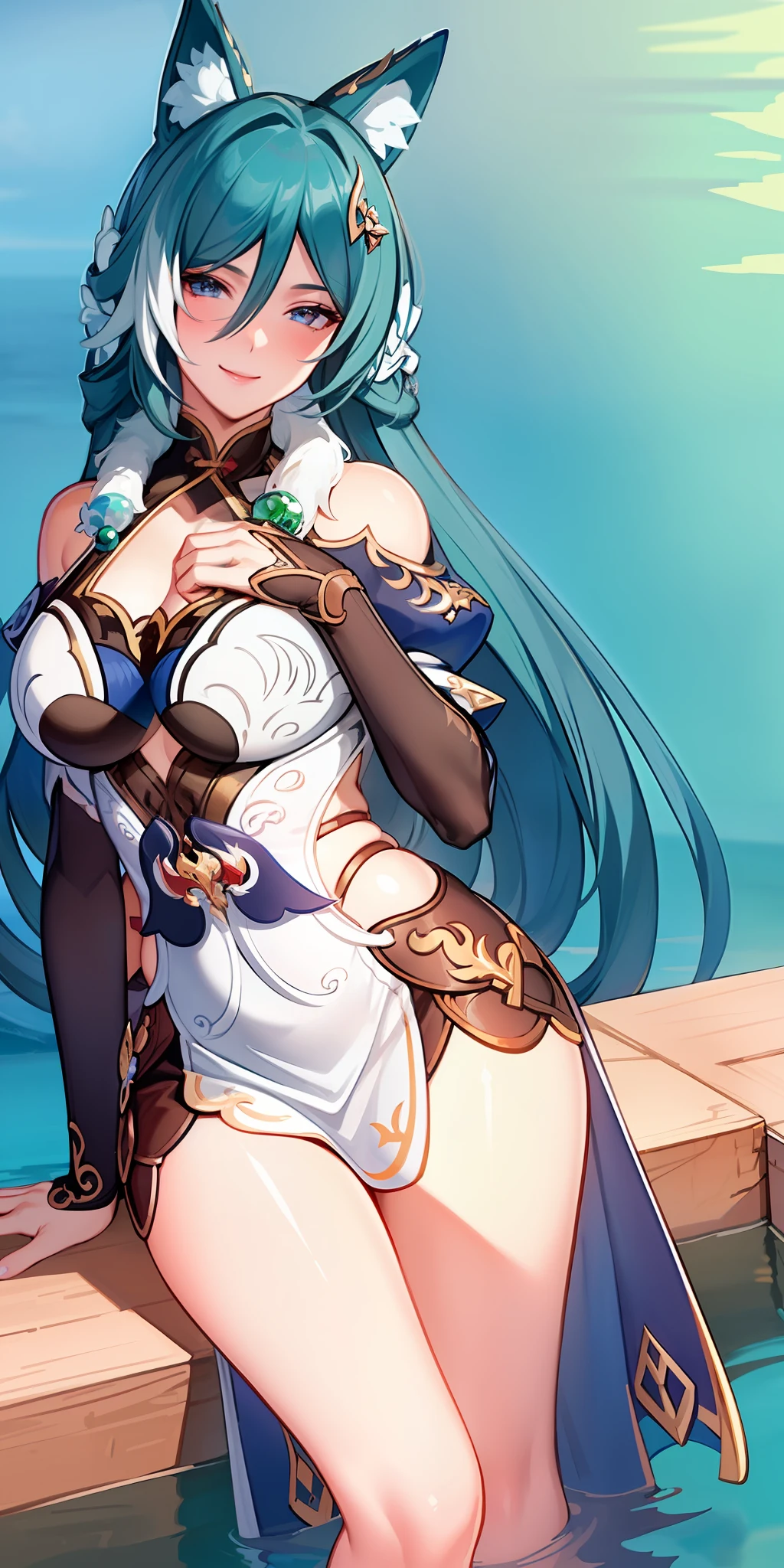 masterpiece, best quality, super detailed, ultra-detailed, ultra-detailed, ultra-detailed, ultra-detailed, super detailed,
beautiful eyes, beautiful hair, beautiful face, beautiful skin, thực tế, big breasts, standing, hand on chest, lake, look at viewers, blush, charming smile,