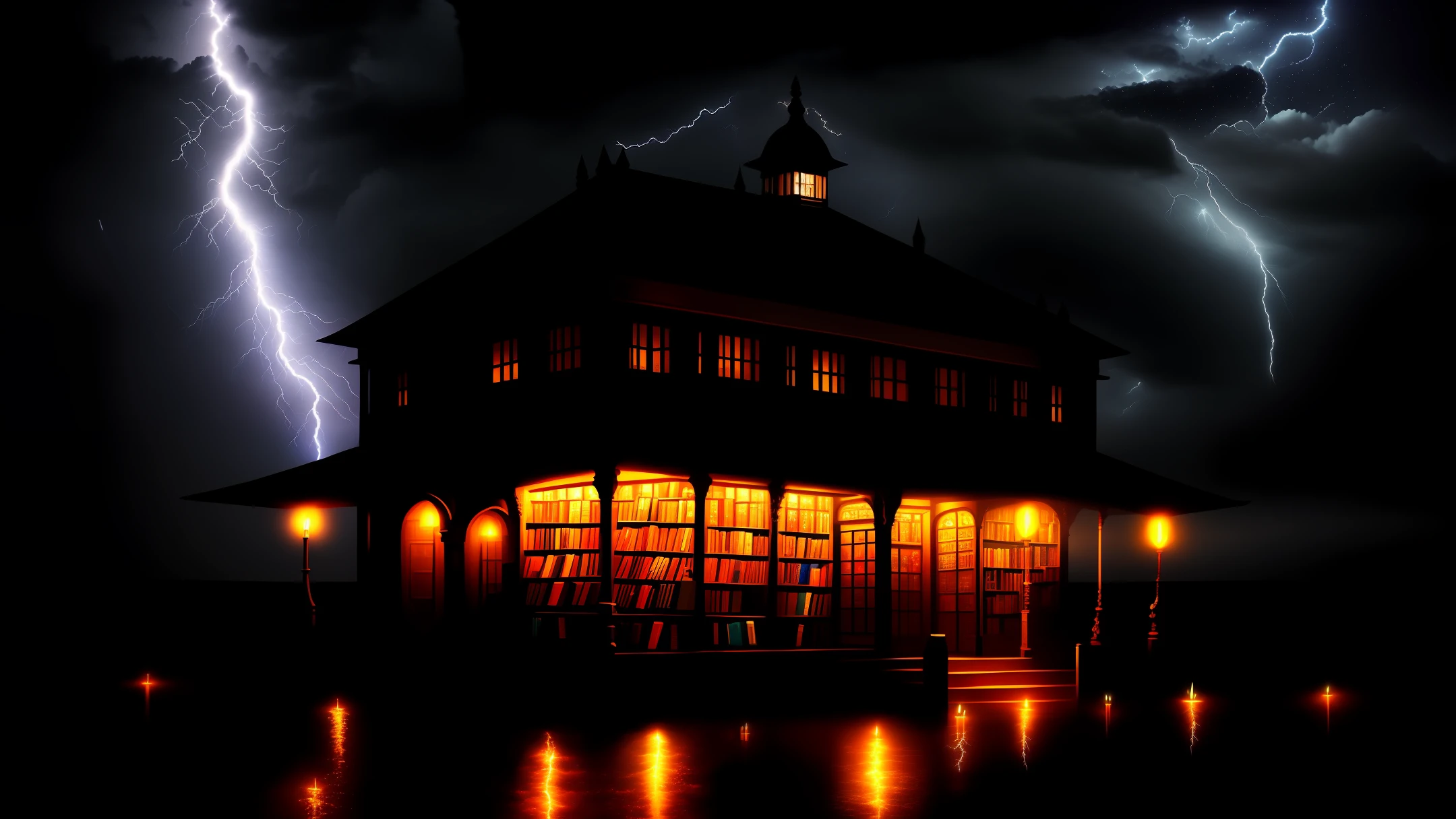 Bookstore,highly detailed,high resolution,masterpiece,magical art,dark,night,candles,lightning in the sky,raining