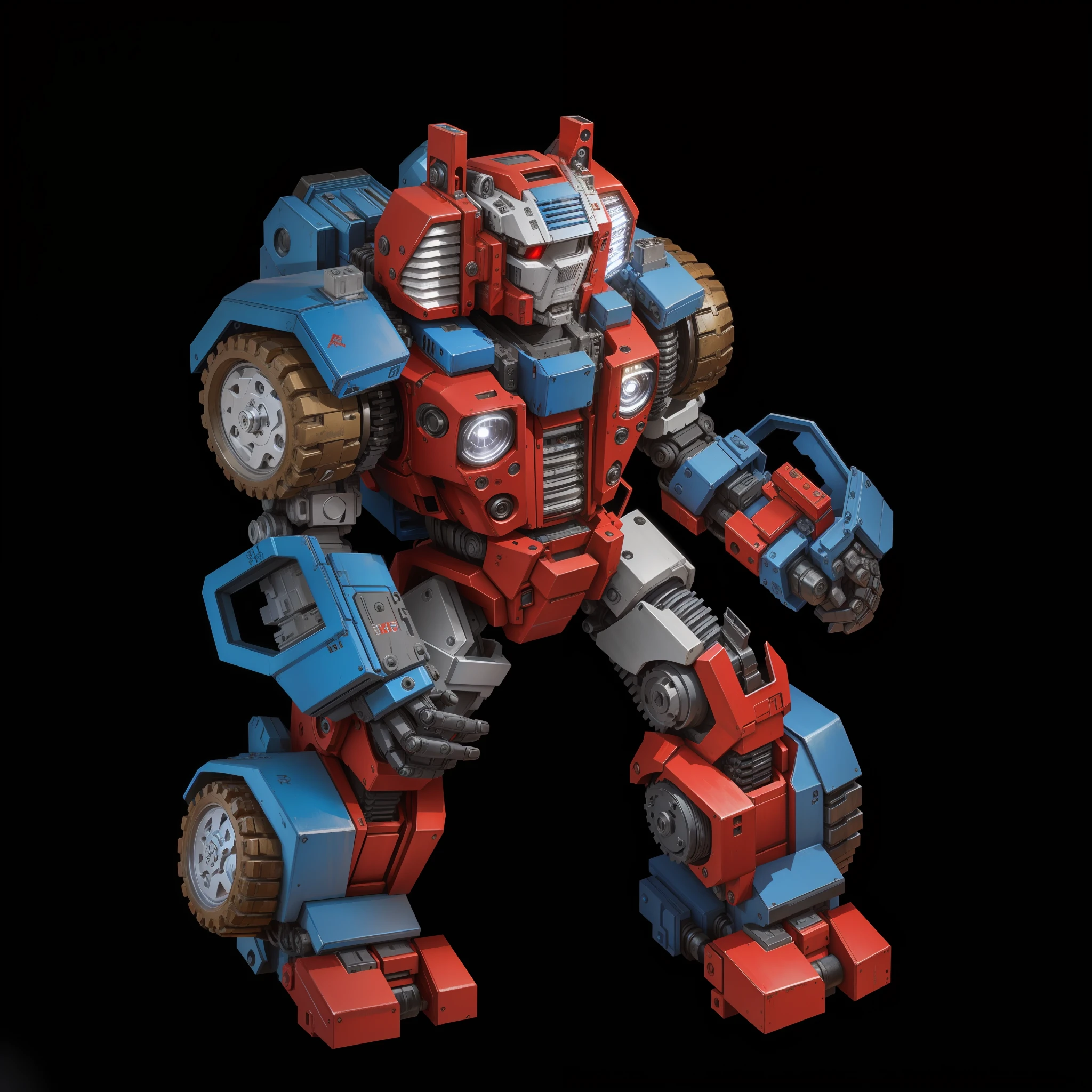 A robot, red and blue paint, complex machine structure and parts, metal texture, sense of technology, strong contrast lighting, tires, car shell armor, black background, HD, Transformer style, perfect fingers,