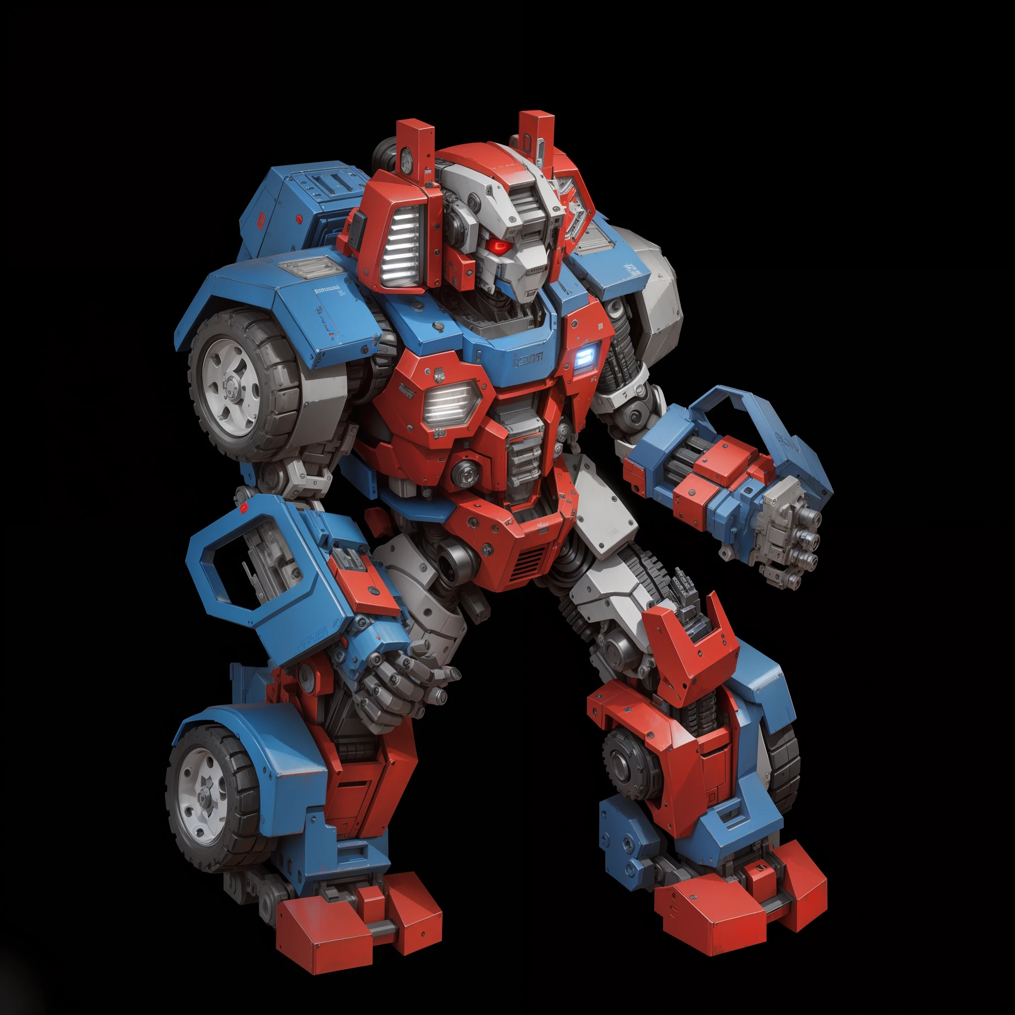 A robot, red and blue paint, complex machine structure and parts, metal texture, sense of technology, strong contrast lighting, tires, car shell armor, black background, HD, Transformer style, perfect fingers,