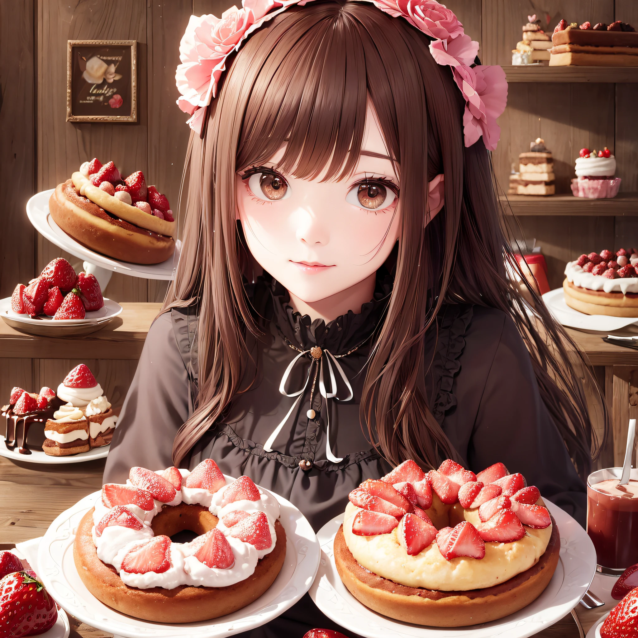 Very cute girl, surrounded by lots of strawberry cakes, chocolate cakes, donuts, sweets, 8K, dynamic wallpaper, very delicate, very dense --auto --s2