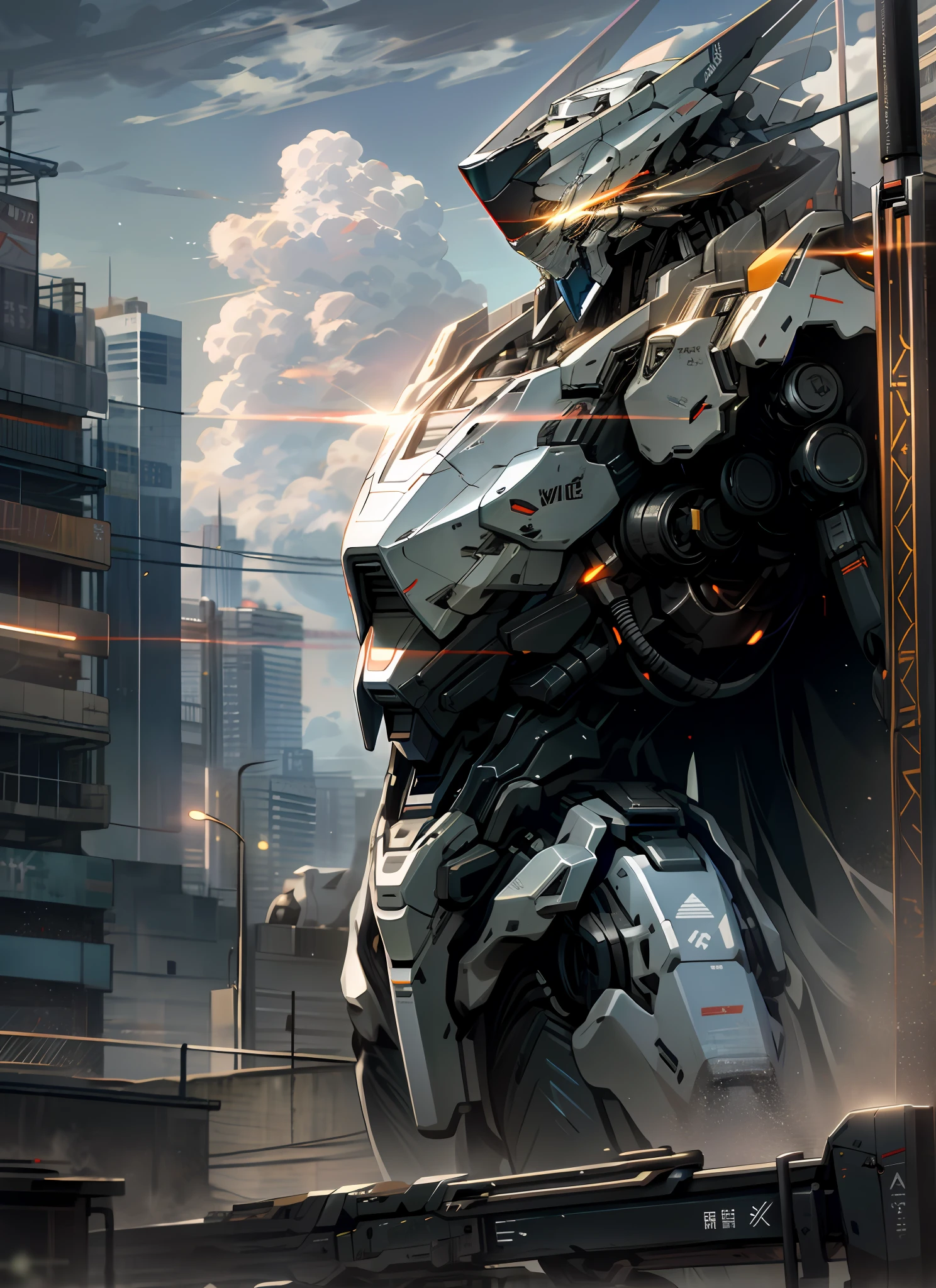 sky, cloud, holding_weapon, no_humans, glowing, , robot, building, glowing_eyes, mecha, science_fiction, city, realistic,mecha