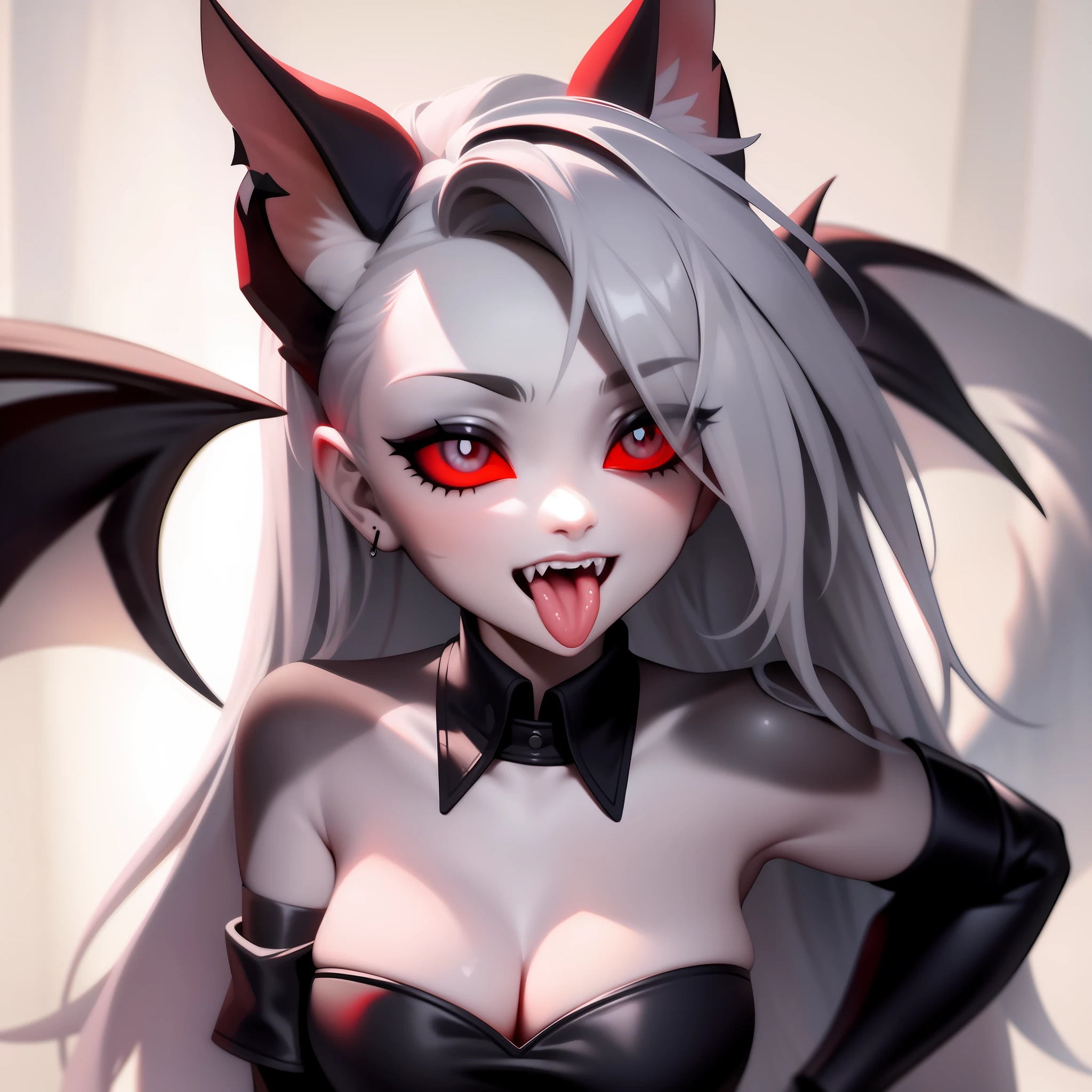 portrait of loona hellhound, red sclera, slit pupils, white eyes, front view, open mouth, tongue,