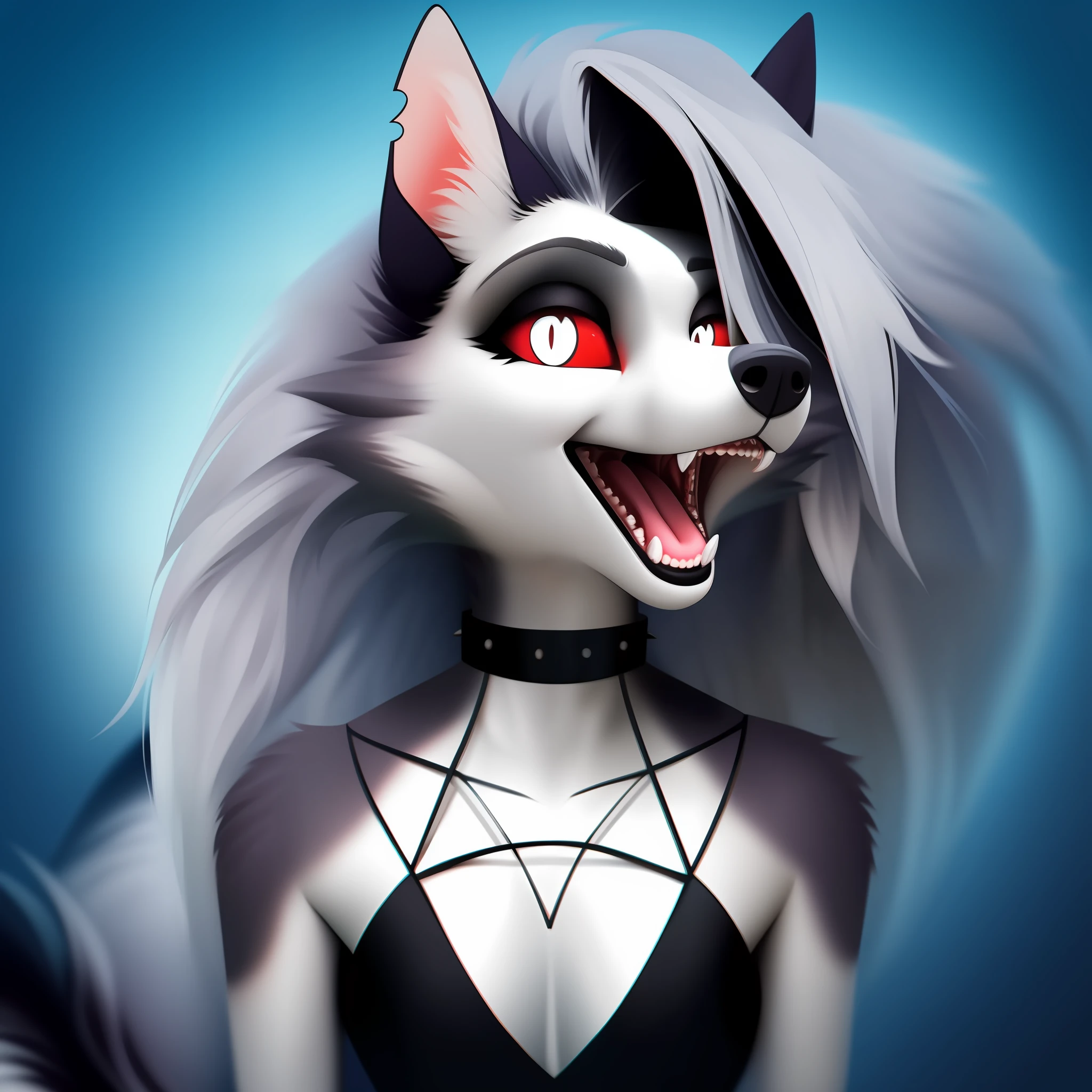 portrait of loona hellhound, red sclera, slit pupils, white eyes, front view, open mouth, tongue,