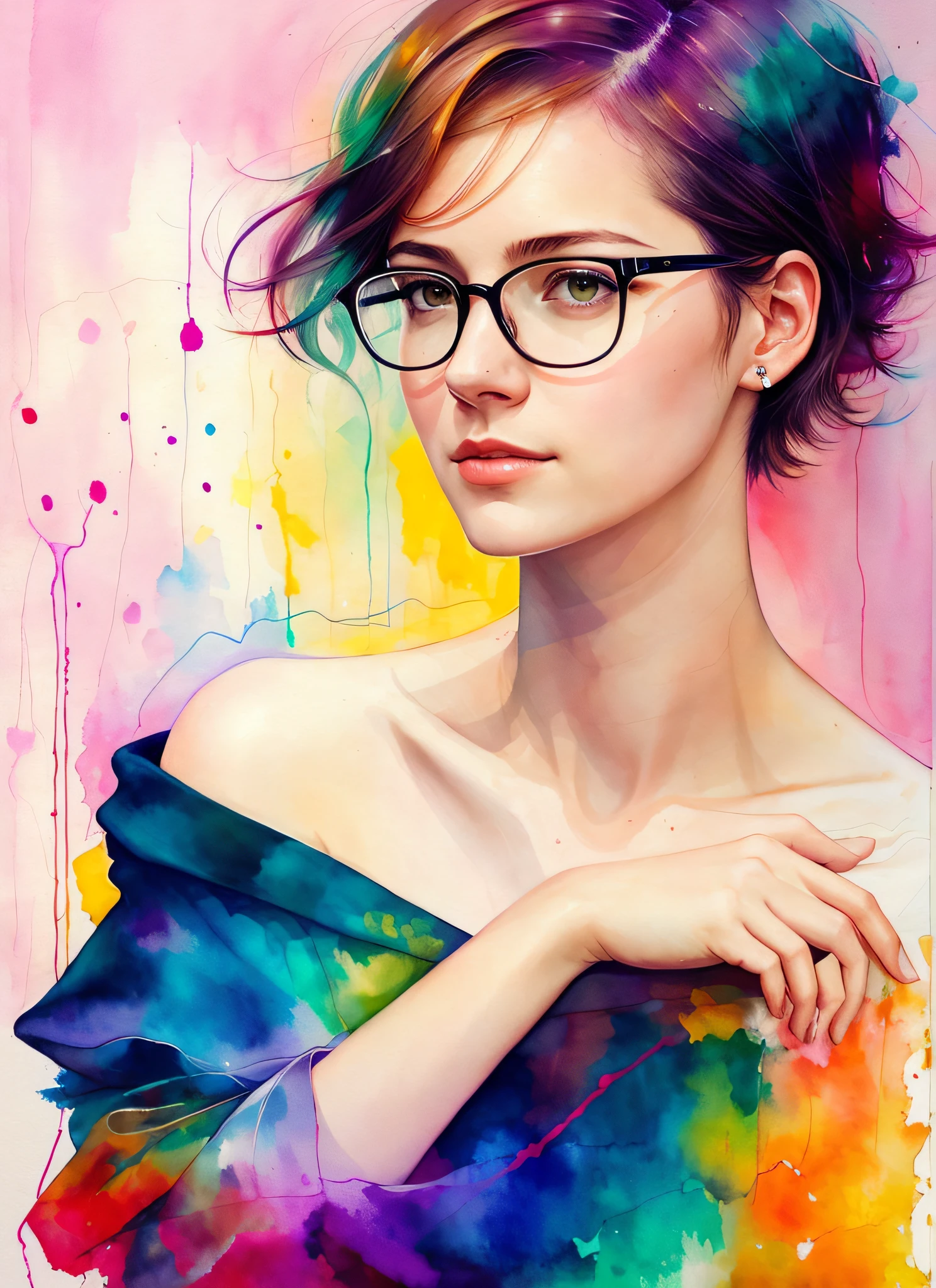 a painting by mse a woman wearing glasses by agnes cecile, off shoulder, Short hair, luminous design, pastel colours, ink drips, autumn lights