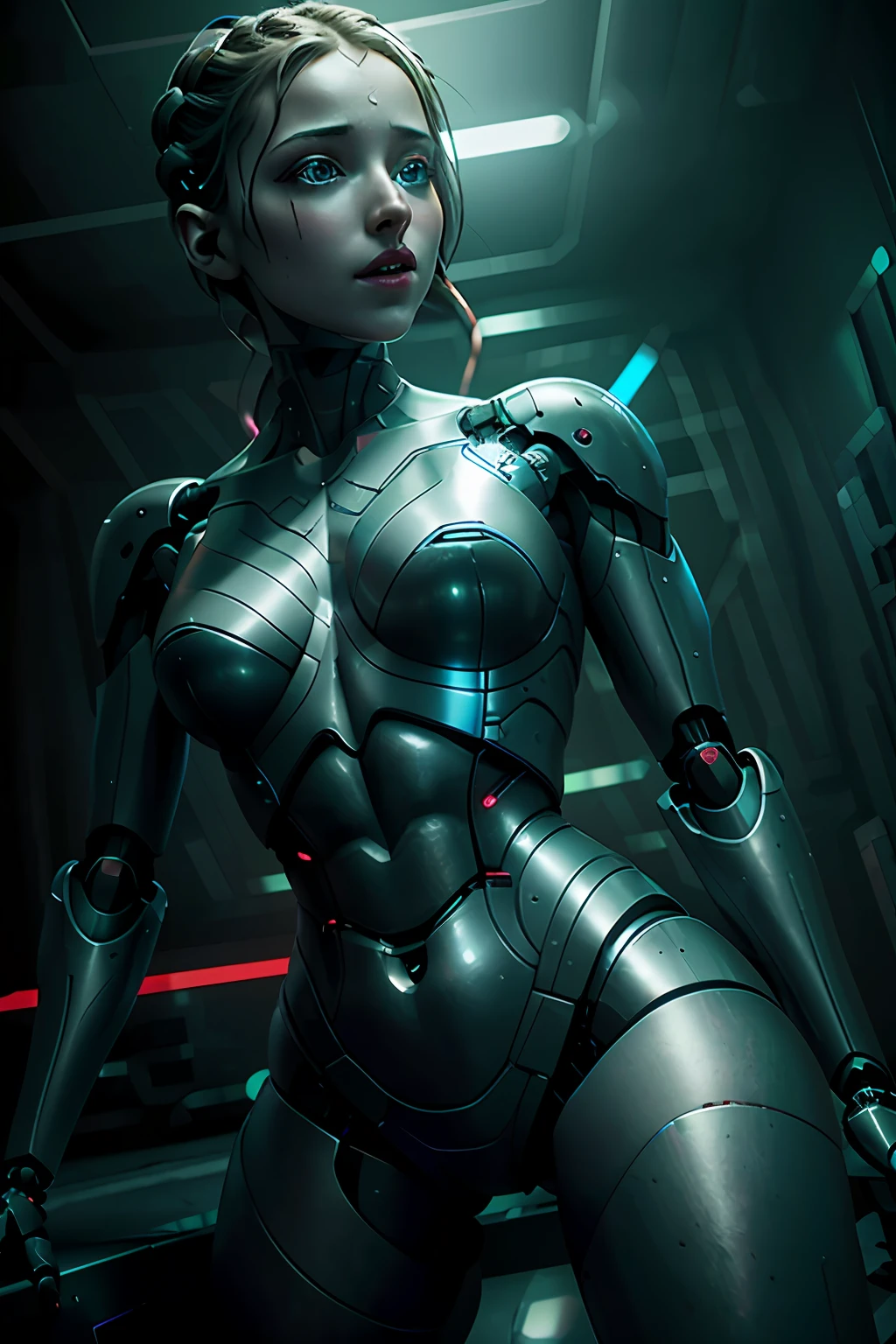 Dark background, hyper real photo of ((cute robot girl inside a dark room without dress)), in front of sci-fi laboratory, The seduction pose, sexual posing, With wires on the head, sexy feminine body, ((detailed realistic face and eyes)), cybepunk, cinematic lighting, 8k resolution, (modelshoot style), neon, (from_below:1.4), soft small uncovered boobs, Cables instead of hair, natural breasts, rim light, (A photo from the centerfold of a men's magazine, the winner of the world photo award, a photo that causes sexual attraction in any man), photo awards winner