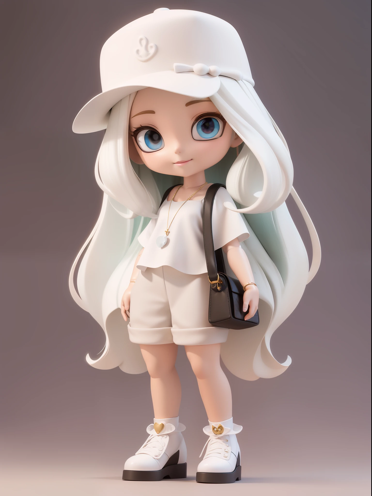 A close-up of a doll with a hat and bag, a rendering of a cute 3D anime girl, anime style 3D, highly detailed characters, stylized anime, Nendoroid 3 D, cute 3D rendering, cute art style, Q posket, (highly detailed figures), good smile company anime style