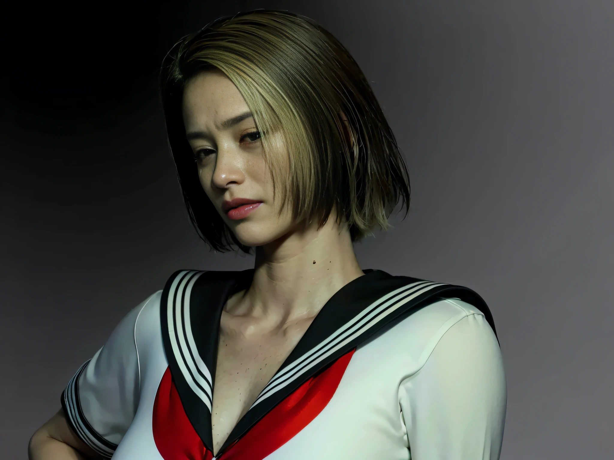 (16 years old, face full of fear)) (8K, top quality, masterpiece: 1.2), (very surprised expression, eyes wide in surprise, black eyes, 25 years old), (realistic, photorealistic: 1.37), ultra detail, top quality, ultra high resolution, professional lighting, photon mapping, radiosity, physically based rendering, movie lighting, cellar clothes, depth of field, focusing, sunbeams, good composition, (bokeh : 1.2), 1 girl, (full body), (mouth closed), beautiful eyes, pose, constriction, whitening skin, blonde, empty hair, long hair fluttering in the wind, (Urzan-6500: 1.2) mix 4, hick body, (((distressed face, crying face))