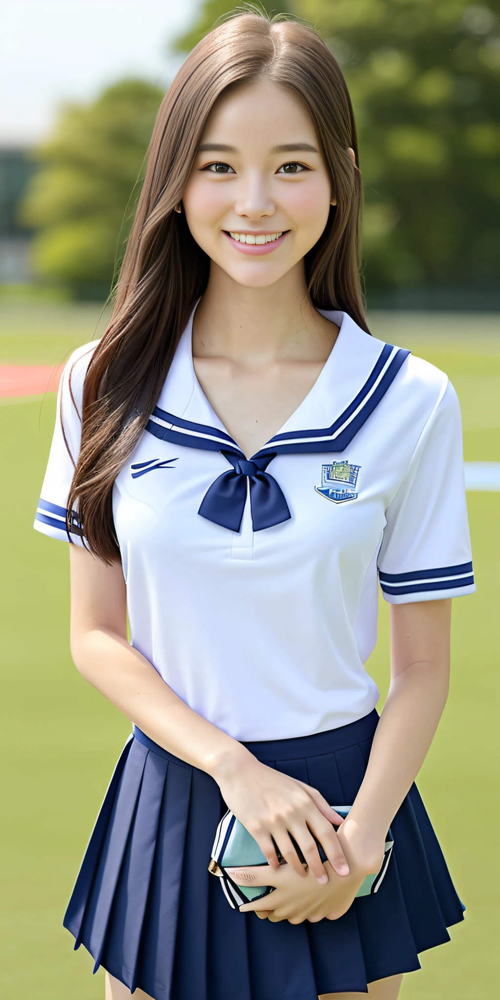 neat college girl, petite person, (school uniform, summer uniform, short sleeve), outside the athletic field, (slim), photorealistic, detail, skin texture, ultra detail, delicate sexy collarbone, smile, super detailed face, detailed lips, detailed eyes, double eyelids, breast enhancement