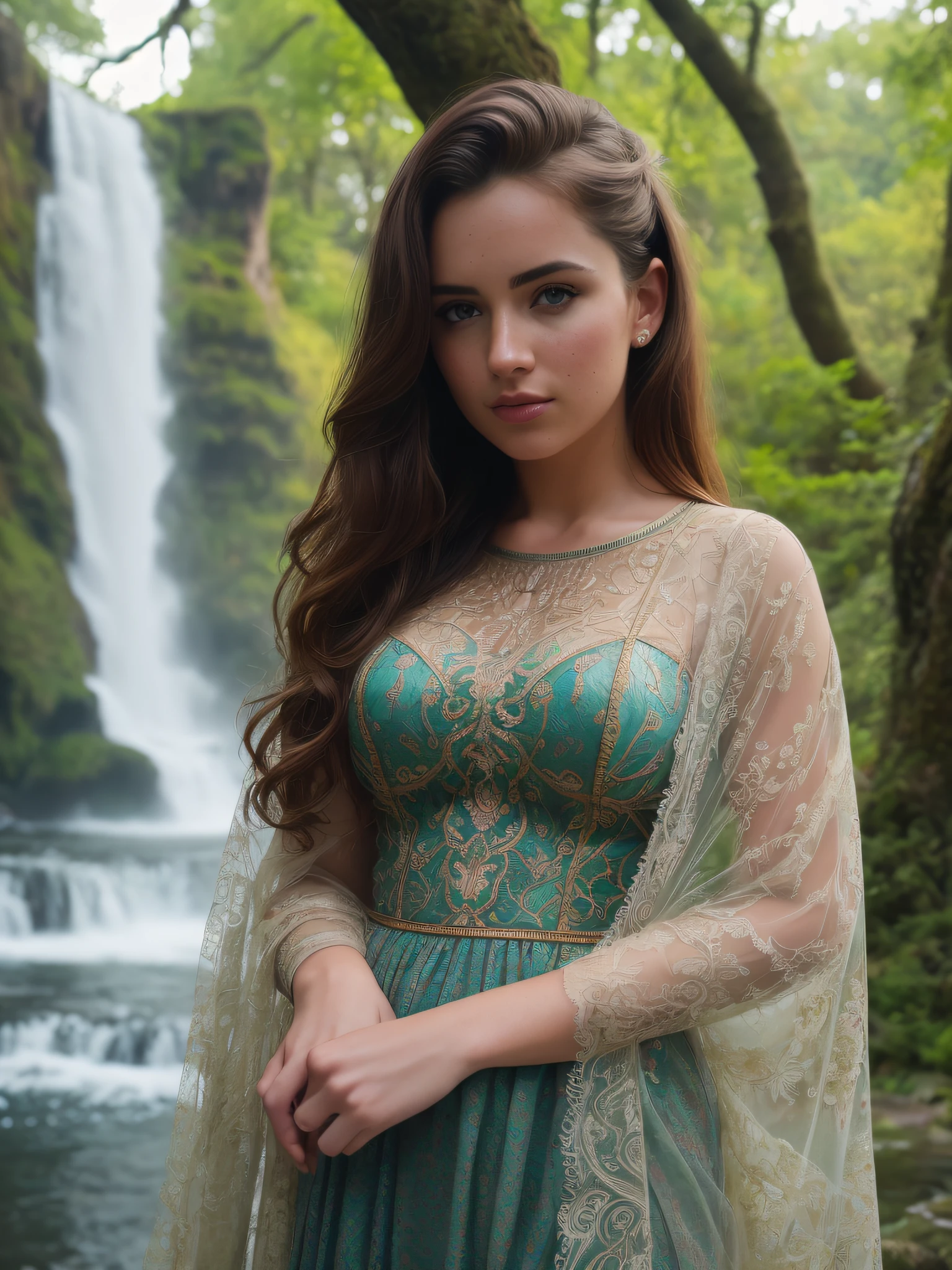romantic style, masterpiece, full color, best quality, 8k, artstation, sharp focus, ultrarealistic, high details, raw photo ofa portrait of a pole, undercut hair, freckles, amazing body, pronounced feminine feature, (redhead:0.4), (photorealistic:1.3), (highest quality:1.3), (film grain:1.3),  ( world's best photography:1.3), (professional Photo:1.3), (detailed details:1.3), (cinematic light:1.3), ( cinematic color:1.3), maximum depth of field, film photography, ( intricate details:1), (hyperdetailed:1), cute lace pattern outfit, forest and waterfalls (((SFW)))