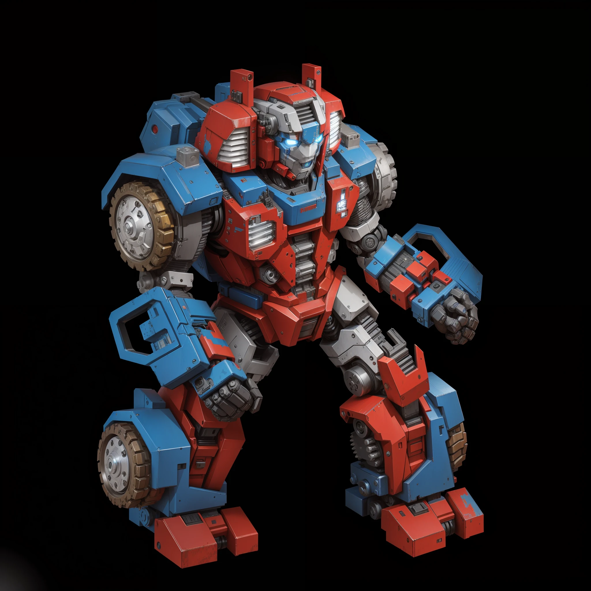 A robot, red and blue paint, complex machine structure and parts, metal texture, battle damage, sense of technology, fists with both hands, strong contrast lighting, tires, car shell armor, black background, HD, Transformer style, perfect fingers,