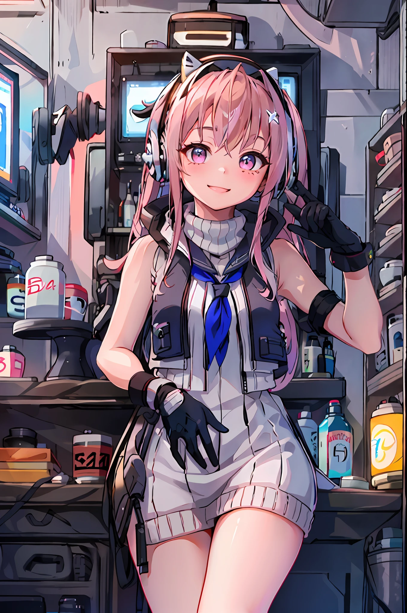 masterpiece, highres, 1girl, goddess of victory: nikke, pepper_(nikke), ペッパー(勝利の女神_NIKKE), beautiful face, detailed face, pink hair, bangs, headphones, gloves, blue neckerchief, sweater, thighs, blush, smile, large breasts, full body, bare shoulders, eyebrows visible through hair, headgear, long hair, looking at viewer, sweater dress, vest, standing