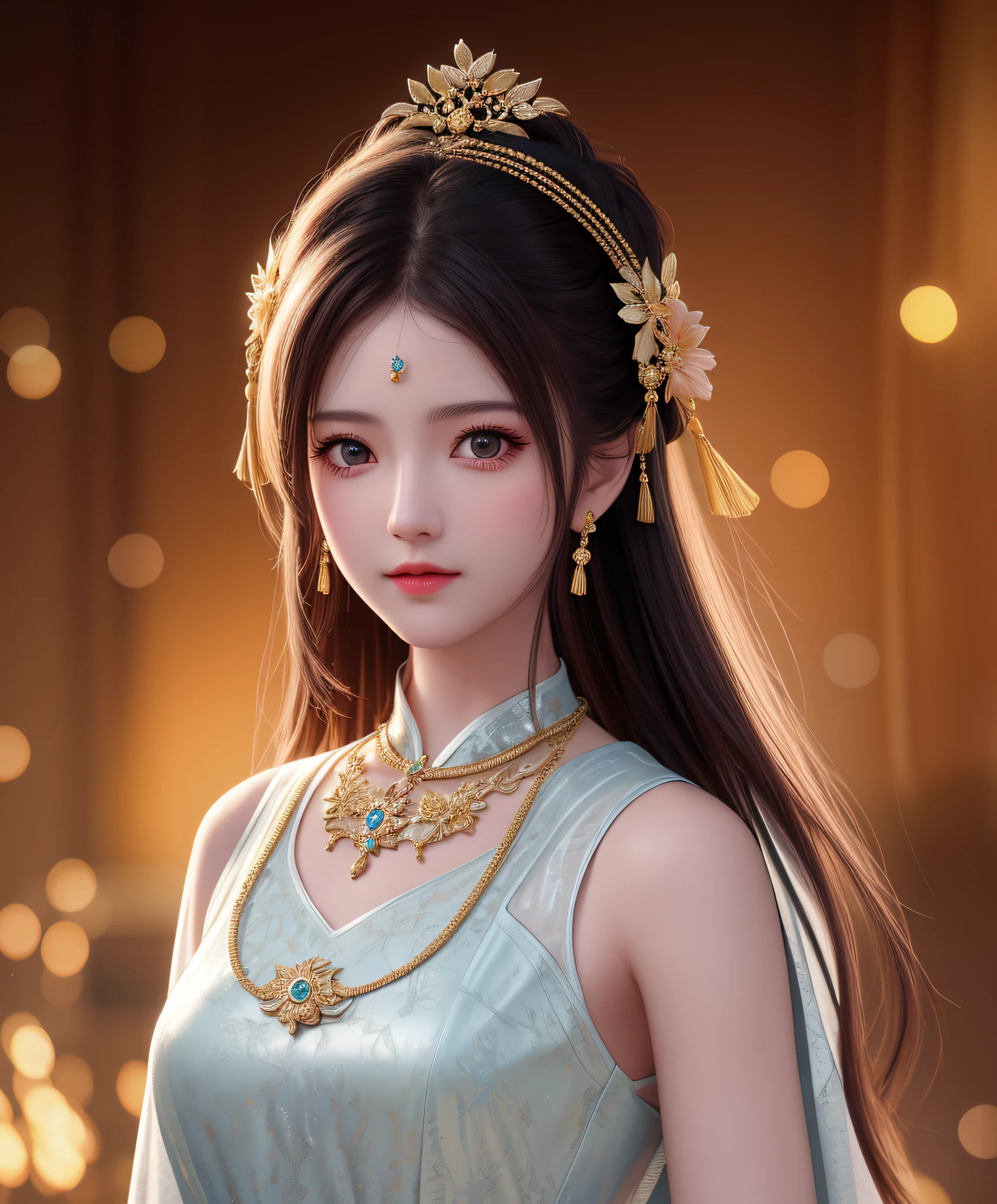Best Quality, Masterpiece, High Resolution, 2Girl, Porcelain Dress, Hair Accessories, Necklace, Jewelry, Beautiful Face, Body, Tyndall Effect, Realism, Dark Studio, Edge Lighting, Two-tone Lighting, (High Detail Skin: 1.2), 8K UHD, DSLR, Soft Light, High Quality, Volumetric Light, Voyeur, Photo, High Resolution, 4K, 8K, Bokeh,