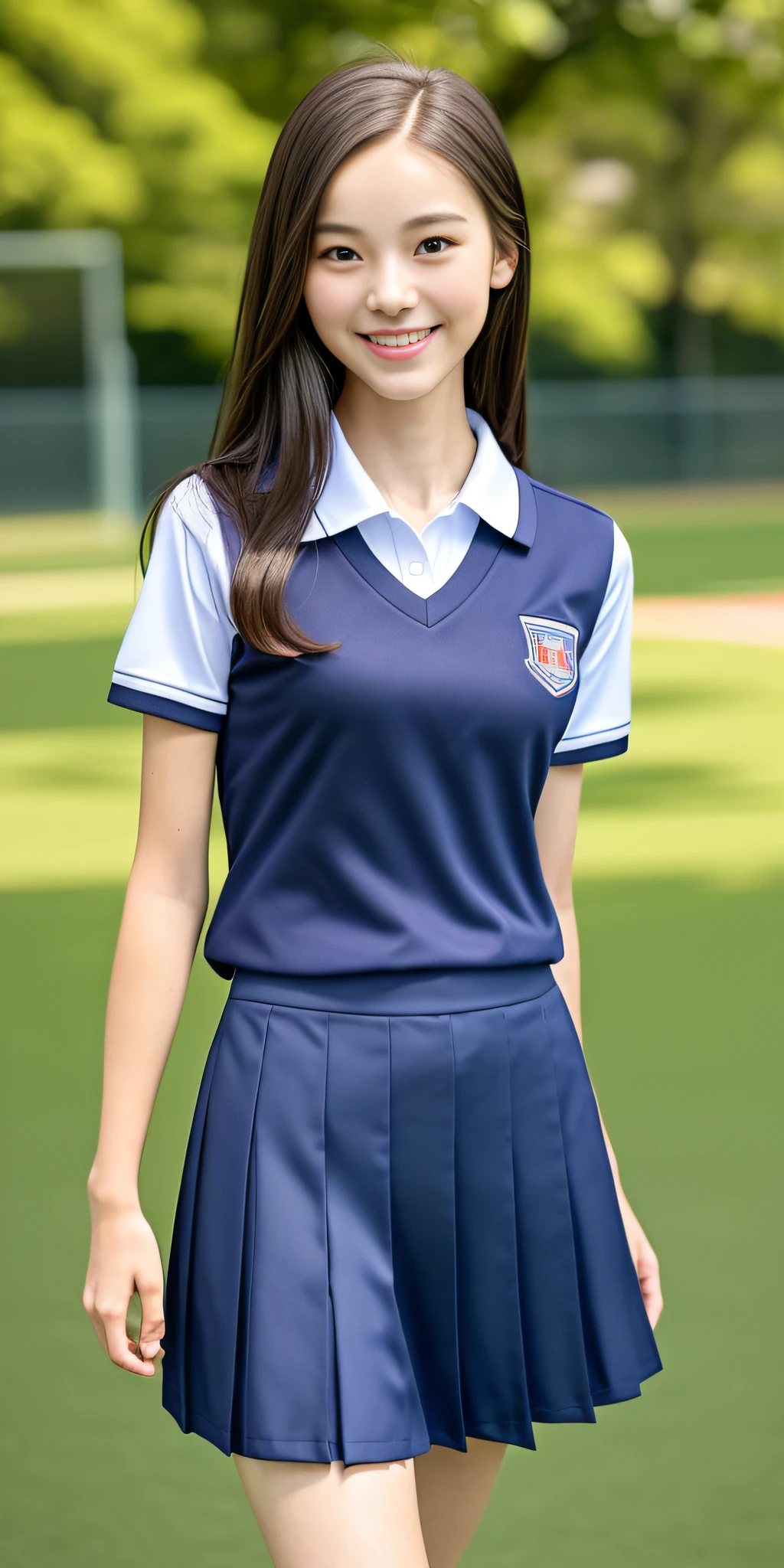 neat college girl, petite person, (school uniform, summer uniform, short sleeve), outside the athletic field, (slim), photorealistic, detail, skin texture, ultra detail, delicate ???? collarbone, smile, super detailed face, detailed lips, detailed eyes, double eyelids, ?????? enhancement