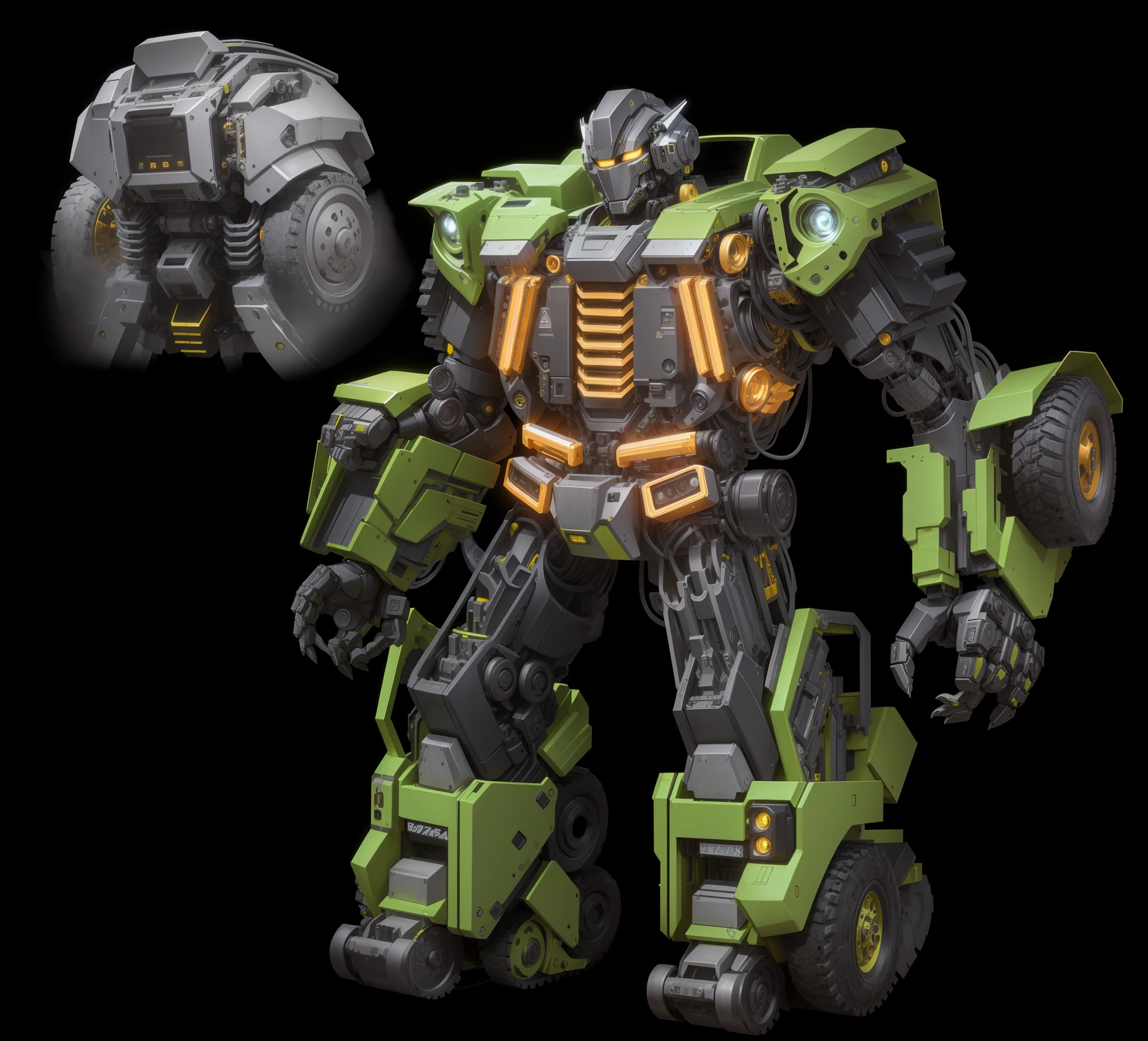 A robot, yellow paint, complex machine structure and parts, metallic texture, sense of technology, strong contrast lighting, tires, car shell armor, black background, HD, Transformer style, perfect fingers,