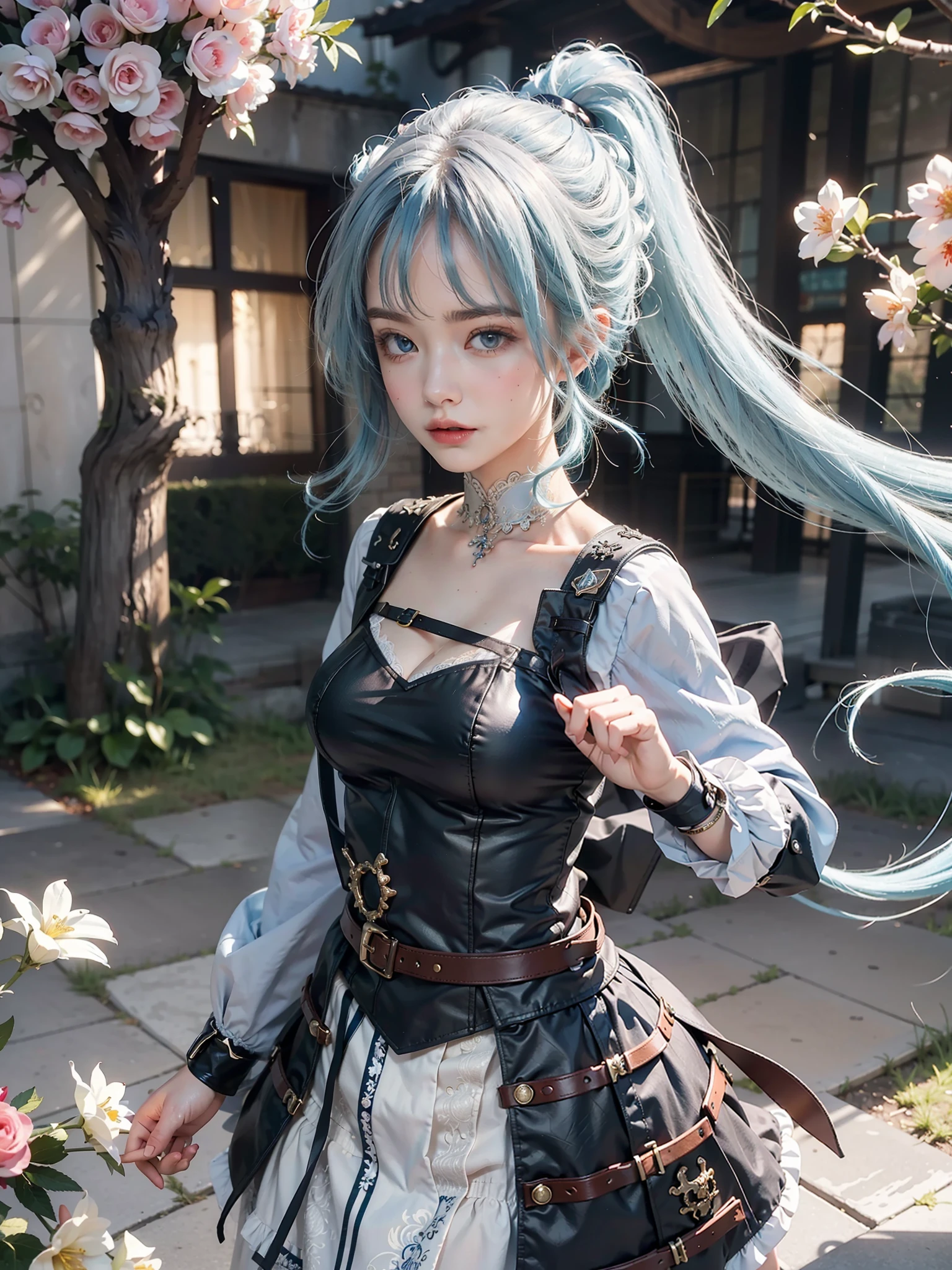 Best quality, masterpiece, big boobs, (large breasts), detailed skin texture, detailed cloth texture, detailed face, super detail, 8k, intricate detail, 1girl, blue hair a bit white, pretty
