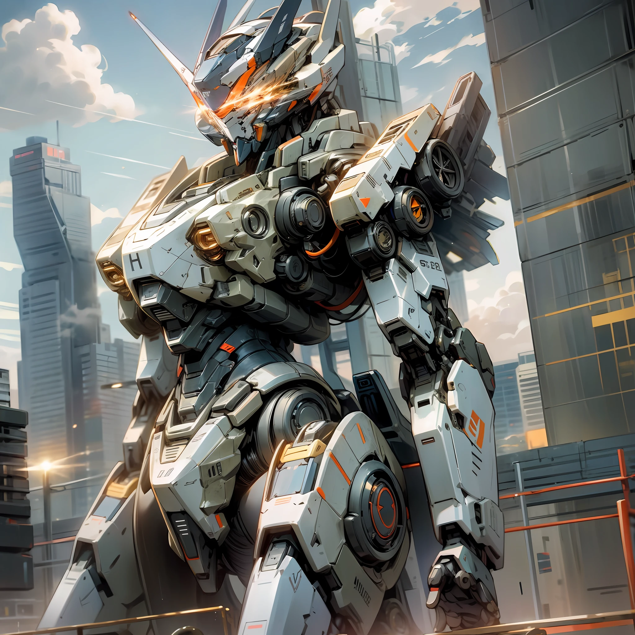 Pilot in Mecha foreground, beautiful girl pilot, sky, clouds, holding_weapon, no_humans, glow, robot, building, glowing_eyes, mecha, science fiction, city, reality, mecha --auto --s2