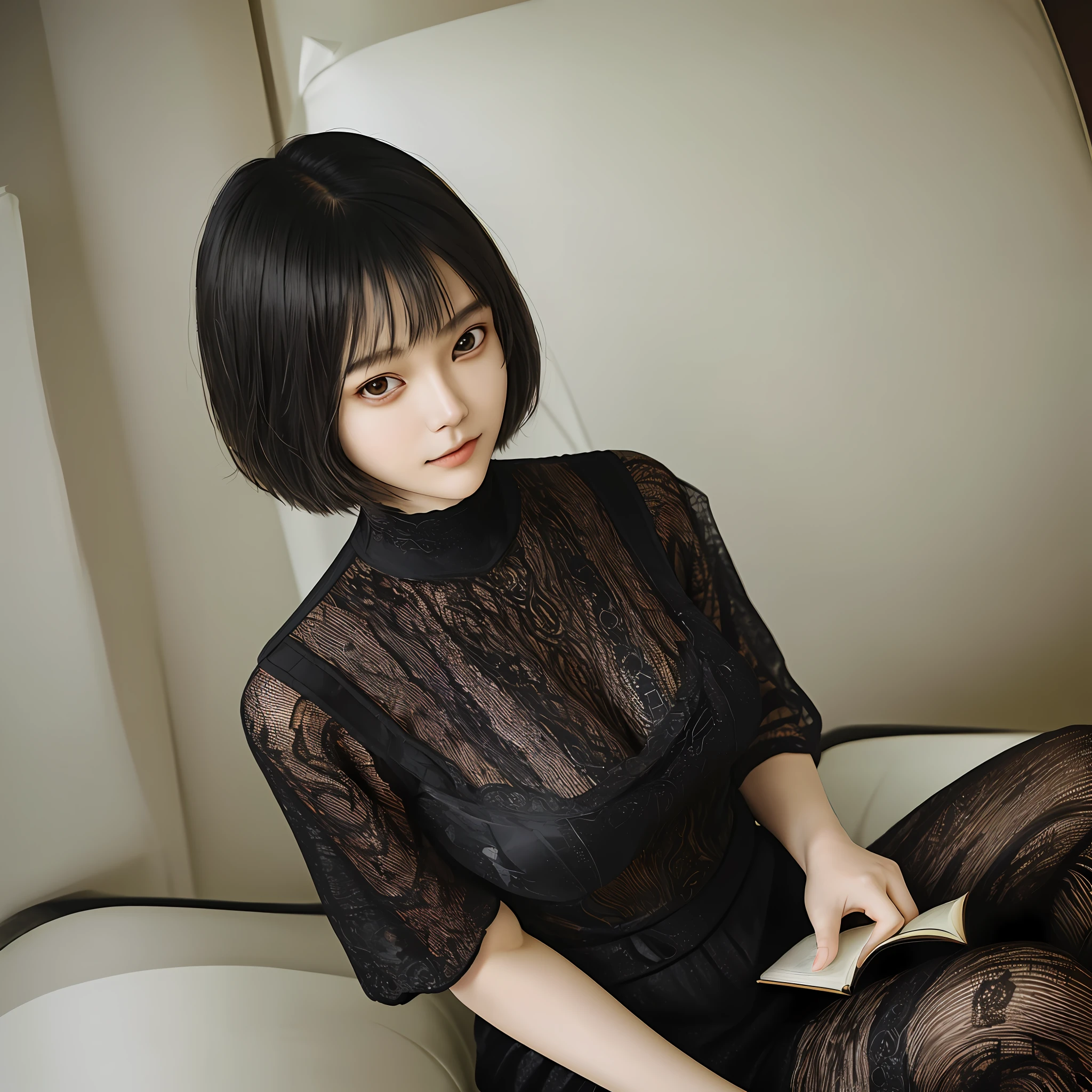 1 girl, non-makeup, realistic, 8K, solo, 20 years old, detailed face, non-makeup, snug, detailed eyes, double, brown eyes, fair skin, bob, short hair, smile, neat, calm, mature, black hair, slender, big, long legs, model figure, tall, beautiful, face length, indoors, sitting on the sofa, Japan, Korean, beautiful girl, glasses, tight, tight black knit, Accentuated body line, holding a book with both hands, breast shape clear, detailed local, sheer, highest quality, sensual, lustrous, lustrous, glossy skin