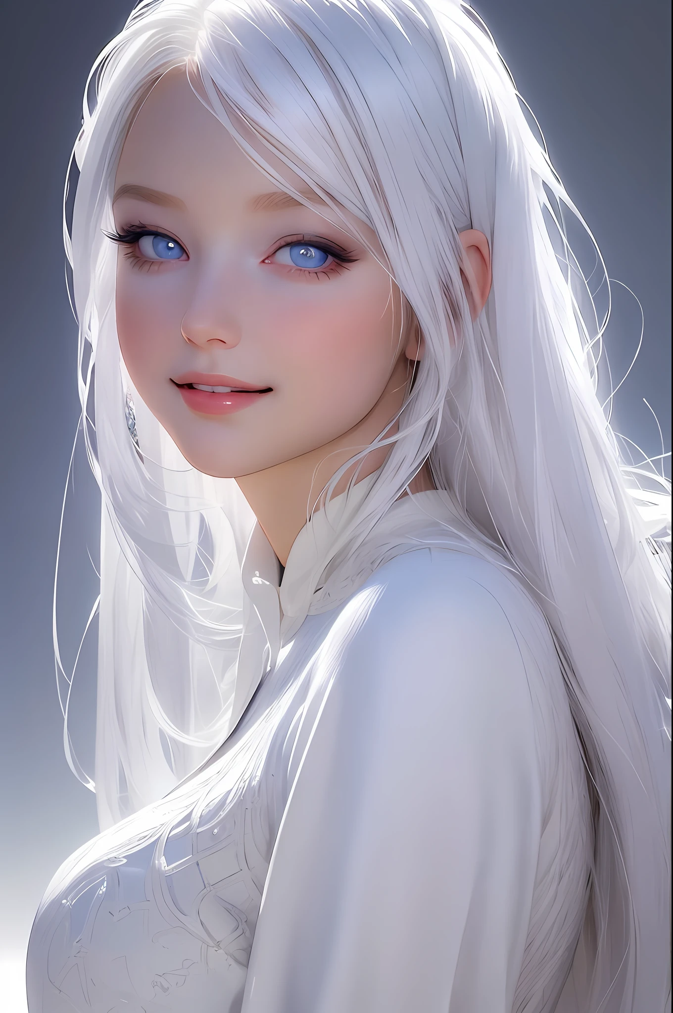 1girl, Detailed beautiful face and eyes, White hair, Too beautiful, Minimalism, Side view, Light color background, Simple background, Fisheye, Masterpiece, Best quality, Best quality, Official art, Beautiful and aesthetic, Animation, Big ass, Smile, Beautiful face, , Cuteness,