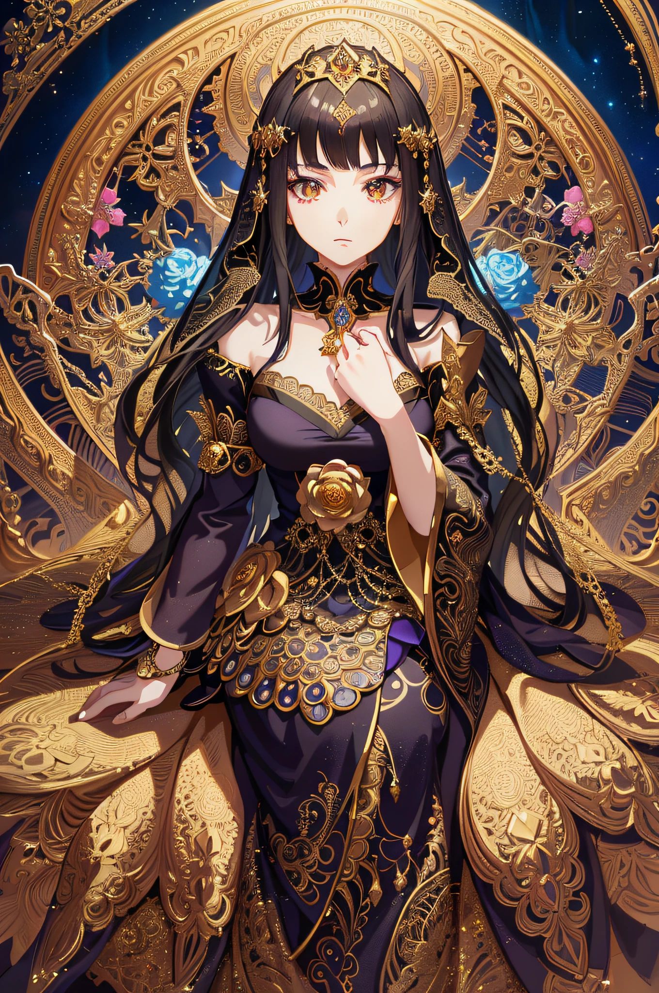 a close up of a woman in a dress with a gold and black dress, a beautiful fantasy empress, ((a beautiful fantasy empress)), detailed digital anime art, anime fantasy illustration, intricate ornate anime cgi style, gilded lotus princess, anime goddess, goddess. extremely high detail, 8k high quality detailed art, detailed anime art, detailed anime artwork, anime fantasy artwork
