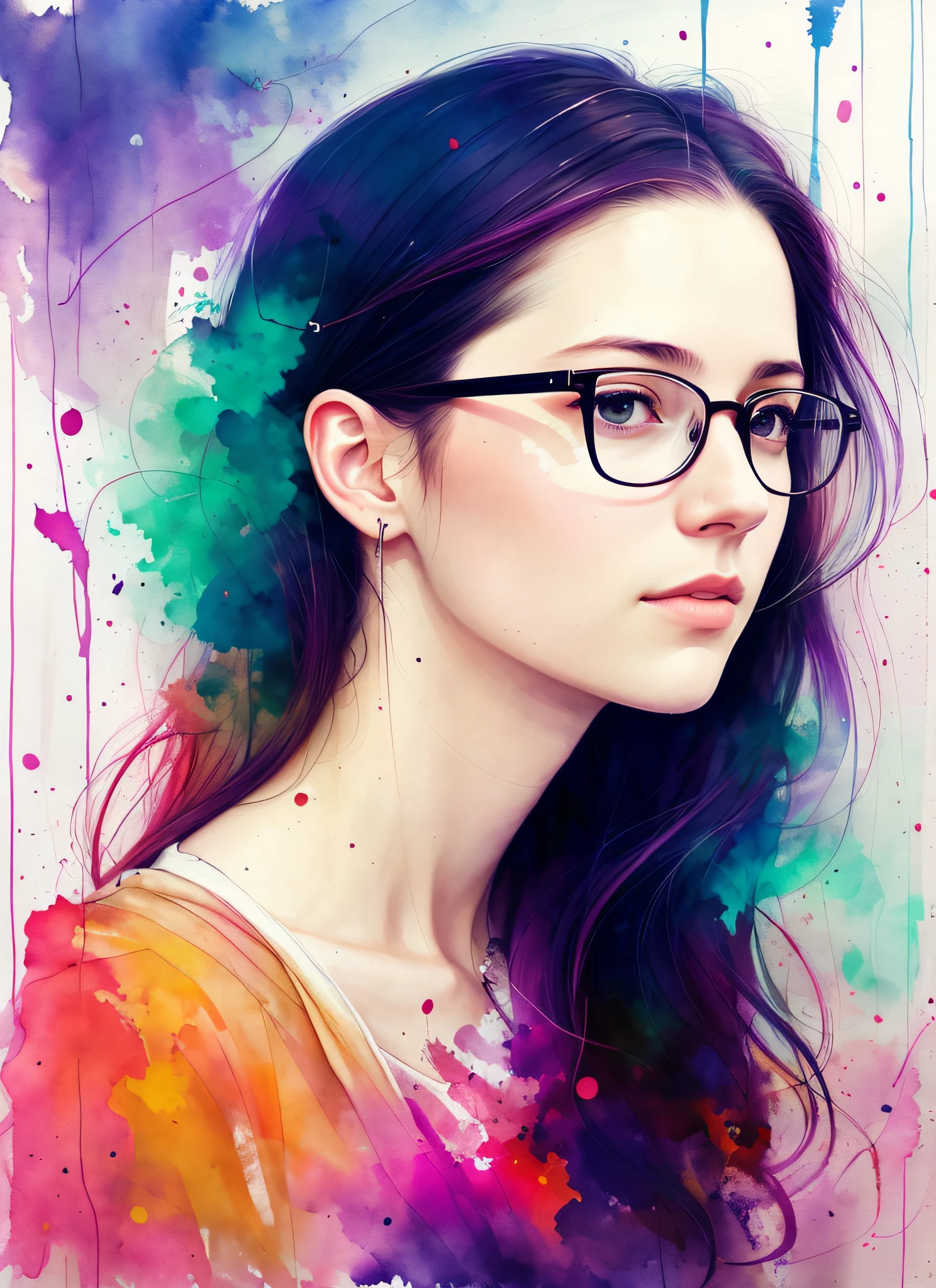 a painting by mse a woman wearing glasses by agnes cecile, luminous design, pastel colours, ink drips, autumn lights