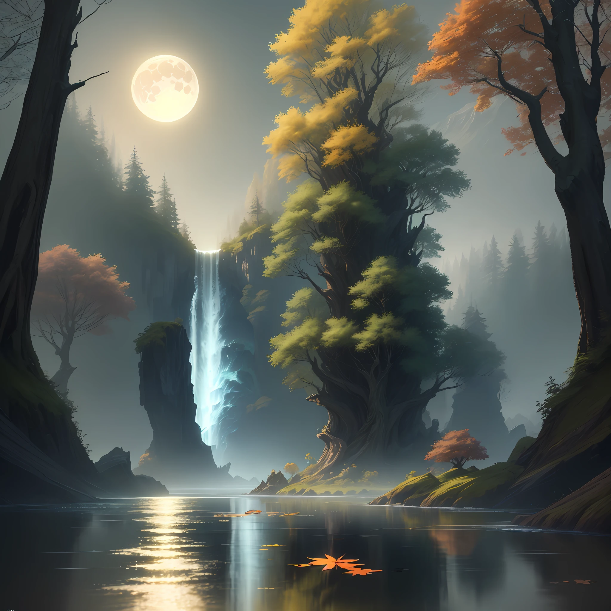 Style, ChromaV5, nvinkpunk, (extremely detailed 8k CG unit wallpaper), an image of a majestic river with moon reflection, trees falling leaves on the sides, small waterfall, intense fog, award-winning photography, chromatic aberration, detailed, HDR, Bloom, style of Monet, Pissarro and Sisley, trend in ArtStation, trend in CGSociety, midjourney art