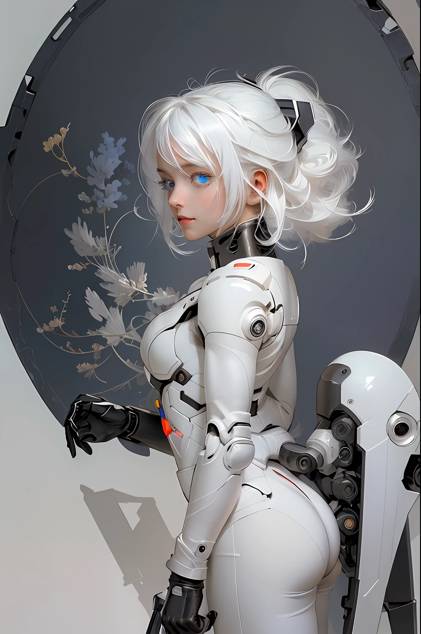 1girl, detailed beautiful face and eyes, white hair, black mecha suit, minimalism, gun, side view, bright blue background, simple background, Fisheyes, masterpieces, top quality, best quality, official art, beautiful and aesthetic, animation, raise the butt,smile, beautiful face, baby face, cuteness