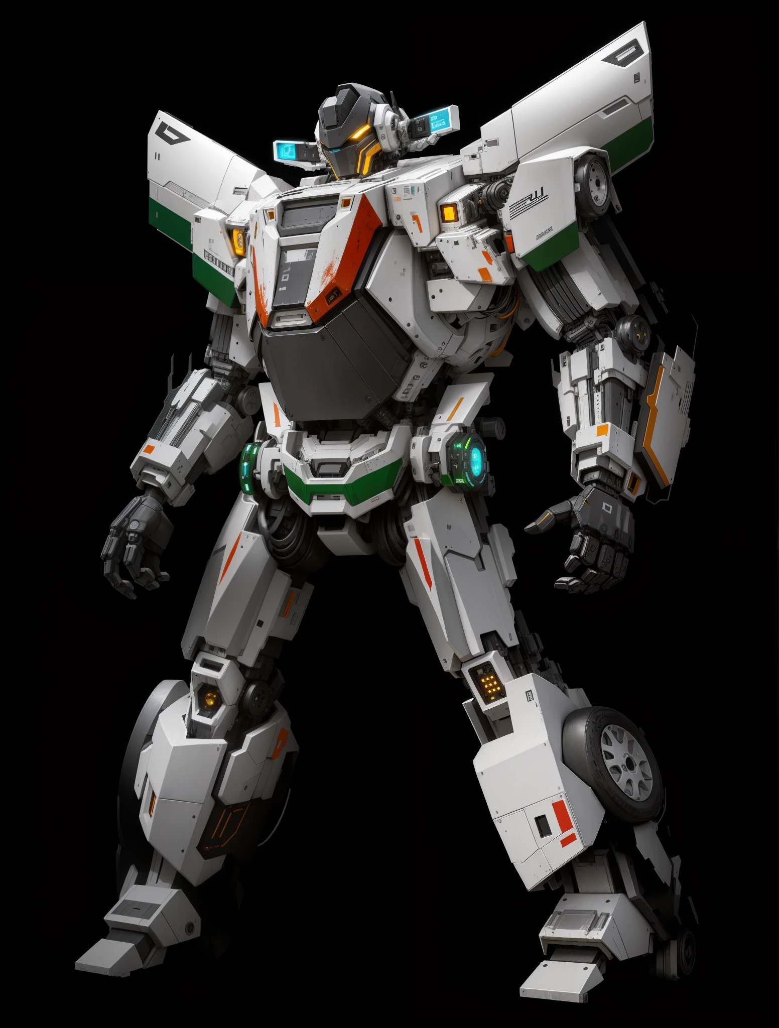 A robot, white paint, complex machine structure and parts, metal texture, sense of technology, strong contrast lighting, tires, car shell armor, black background, HD, Transformer style, perfect fingers,
