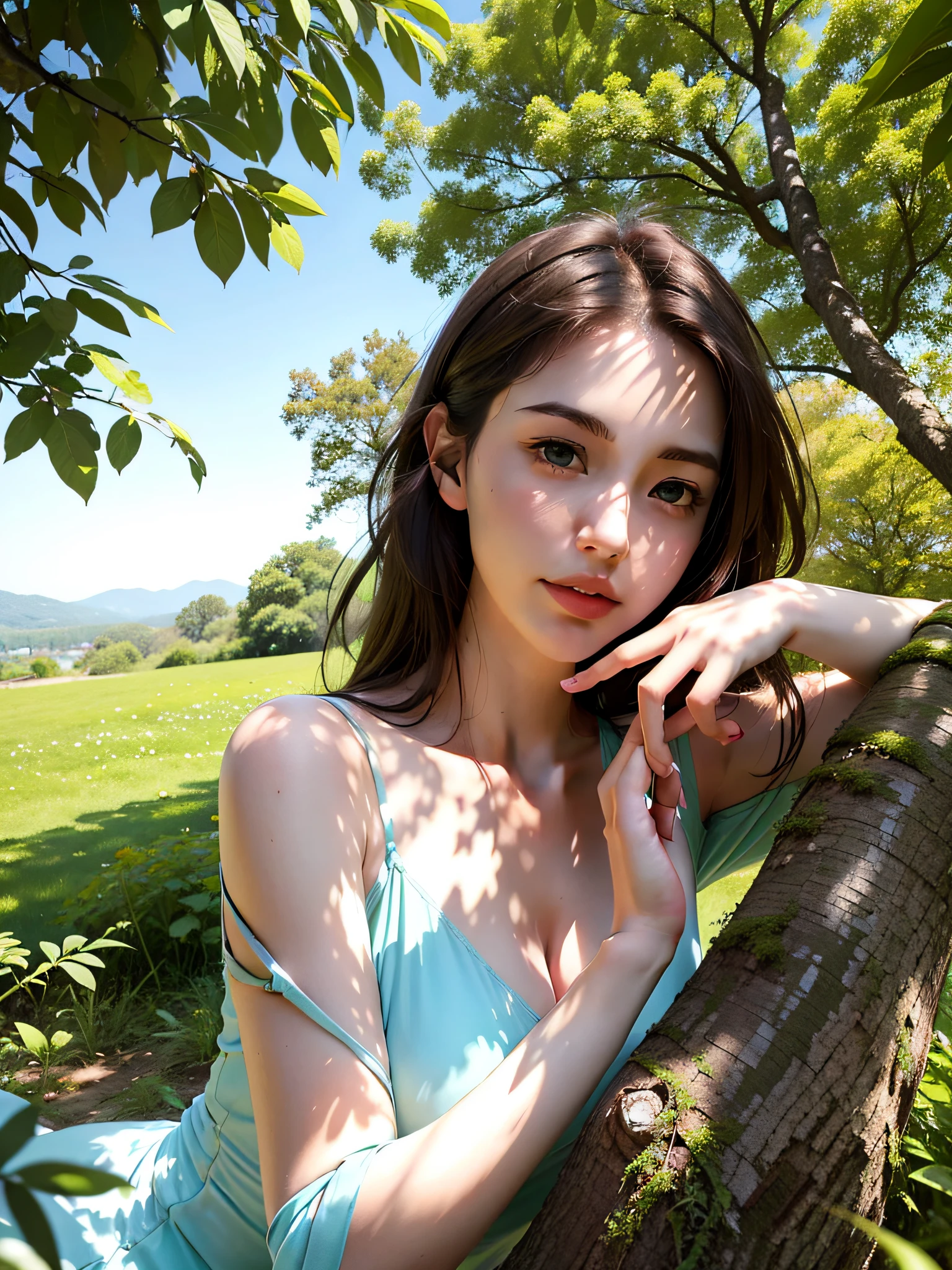 ,,, beautiful woman sitting under a big tree, there are falling green leaves and flowers in the air, daytime, noon, sunny weather, realistic photos, natural light, full-body lens, aesthetic, perfect facial features, super high detail, super high resolution, 16K