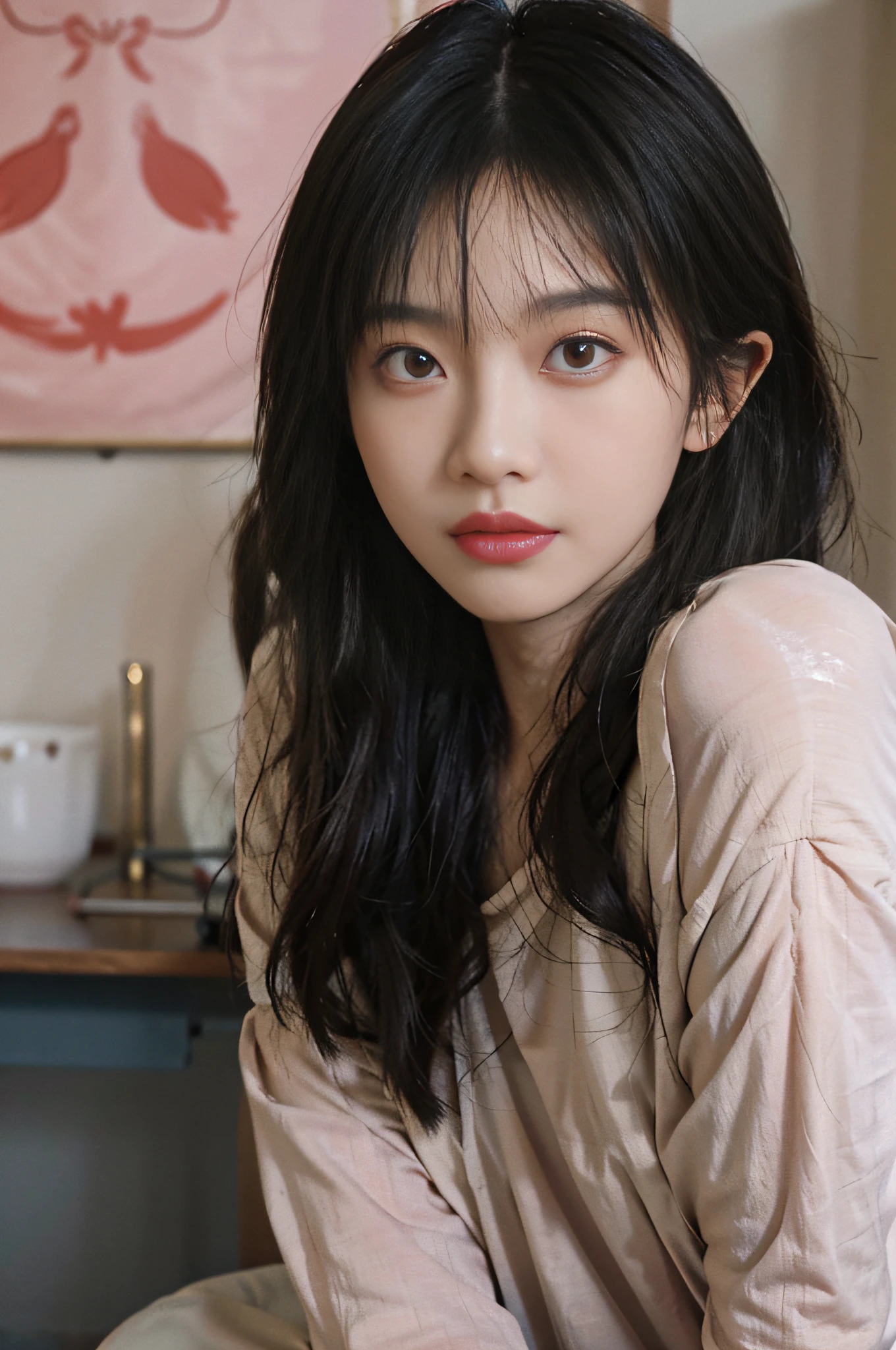 Temperament girl, delicate facial features, bangs, brown ponytail, messy hair, hair is very realistic, wearing a pink shirt with short sleeves, the background is a studio, sea view, Du Qiong, exquisite makeup, light red lips, big eyes, double eyelids, black holes, bright eyes, symmetrical face, very real face, narrow waist, thighs, meticulously portraying the girl's face, blush, super high appearance, looking at the audience, very realistic skin, skin oil reflection, artwork, clothes with real fabric texture, realistic painting, Cinematic style, photography level, ray tracing, realistic light and shadow effects, realism, masterpiece, like the top photography effect, 8K