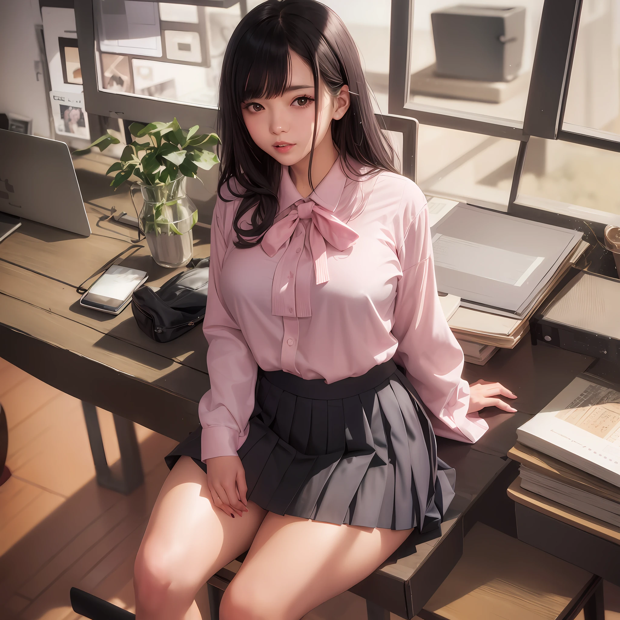 Office lady, beautiful Japan OL with long hair in the 30s, 1 person, gray mini skirt with suit (pleated skirt), big, blouse showing through, no bra, sitting at the desk with legs spread, the shape of the pubic area is clearly visible, well-shaped buttocks, beautiful thighs, no bra, pink panties, breasts visible, looking at the viewer, solo, wet lips,