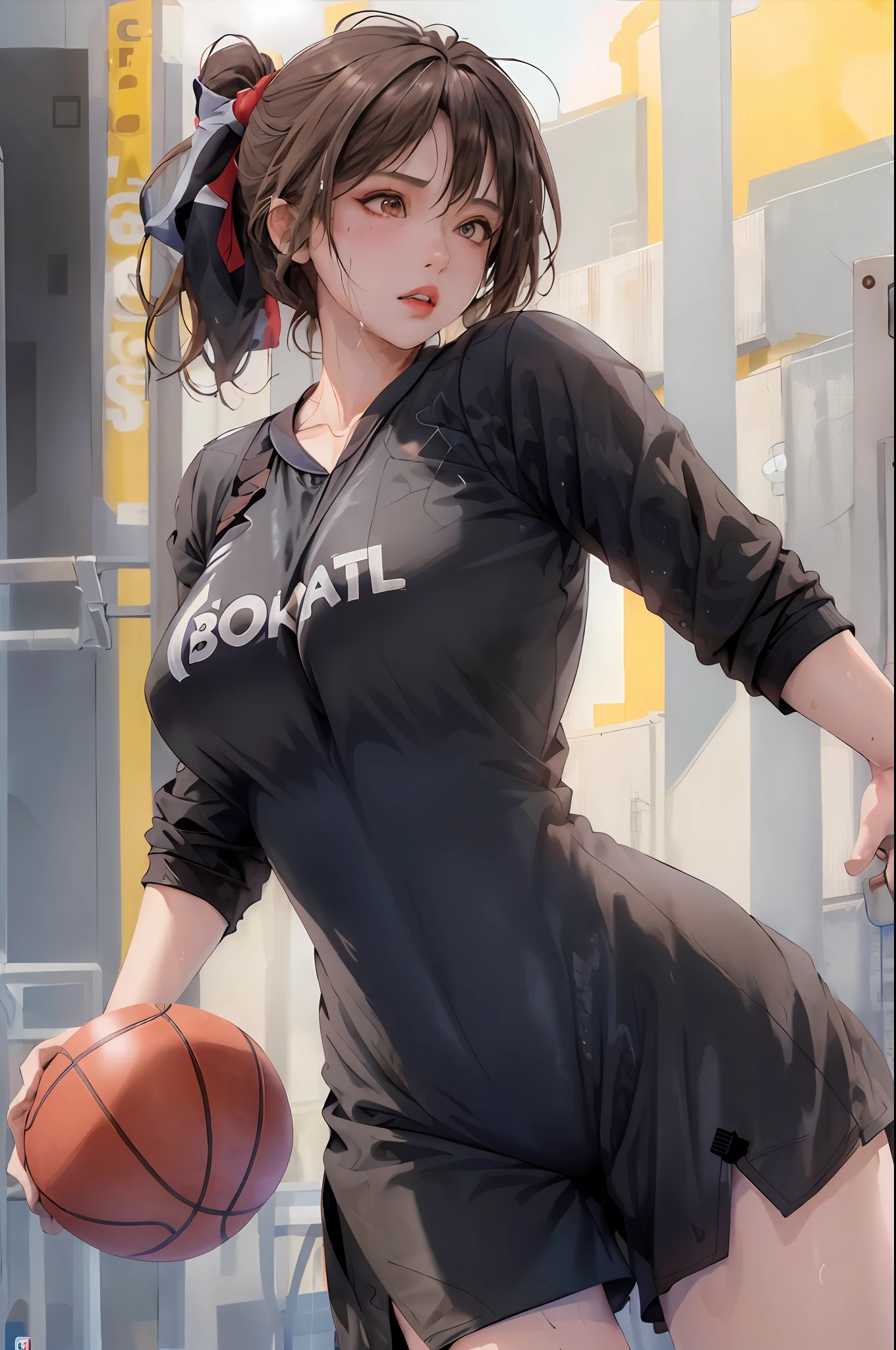 Masterpiece: 1.2, best quality), realistic, (real picture, rich details details, depth of field), (1girl, solo), makeup, cleft lip, high detail, perfect face shape, (big breasts: 1.4), (skindentation), thick thighs, wide buttocks, Thin waist, tall, coral, red lips, red eyes, ponytail, (((((basketball girl, transparent black basketball suit)))), (sweat: 1.2), (wet), sexy, blushing, sweaty