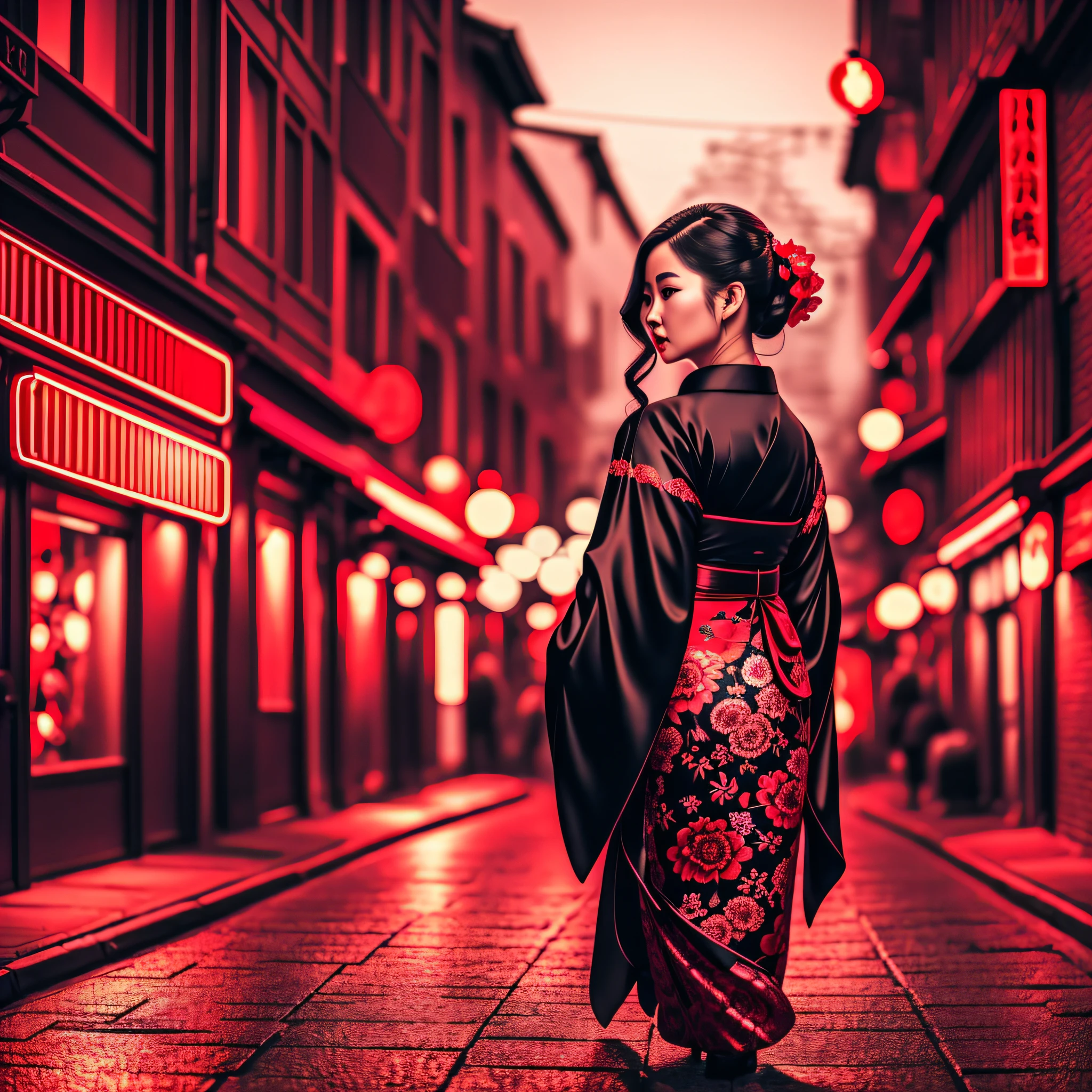 Very beautiful woman in black and red kimono, walking in red light district, neon, bewitching, 8K, dynamic wallpaper, very delicate, very dense --auto --s2