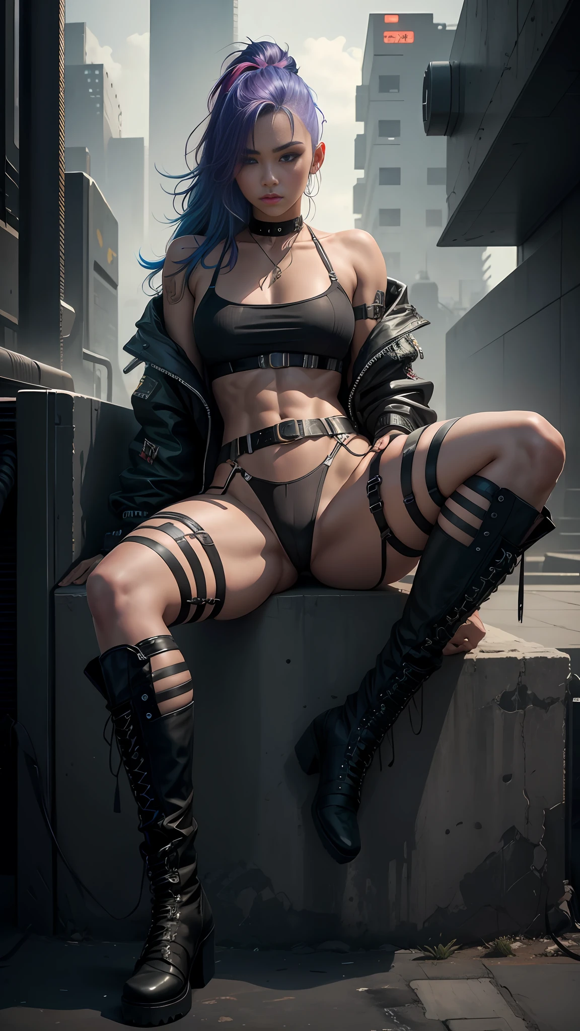 Beautiful woman colored hair, sitting spread leg, wearing small tiny black silk thong, massive cyberpunk belt, high combat military neon boots, muscular, cyberpunk style realistic detailed