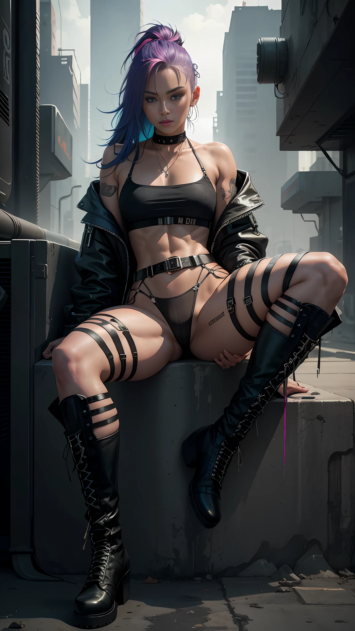 Beautiful woman colored hair, sitting spread leg, wearing small tiny black silk thong, massive cyberpunk belt, high combat military neon boots, muscular, cyberpunk style realistic detailed