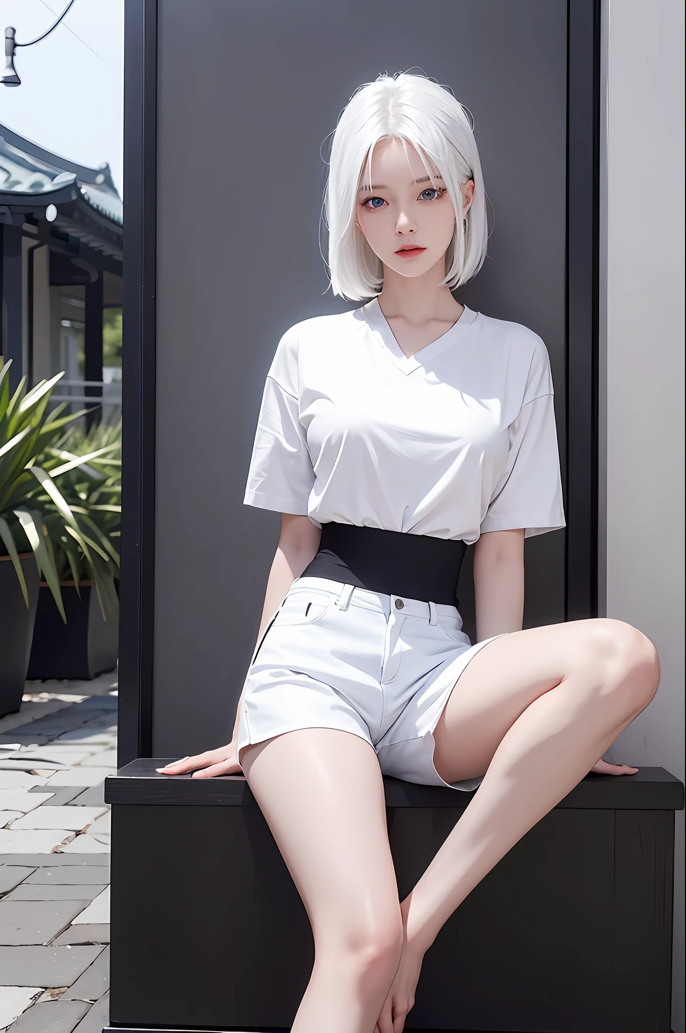 Realistic, high resolution, 1 girl, white hair, Korean, blue eyes, white shirt, tight black shorts, long legs