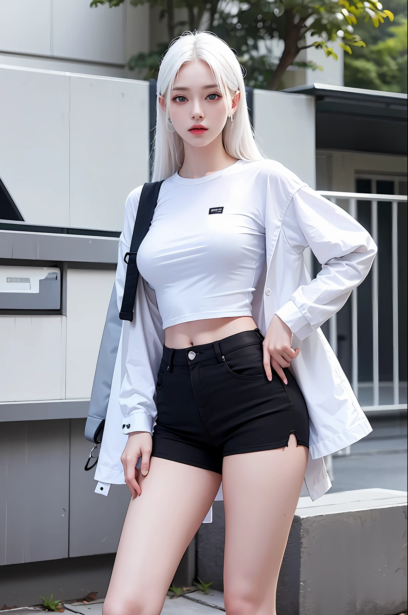 Realistic, high resolution, 1 girl, white hair, Korean, blue eyes, white shirt, tight black shorts, long legs