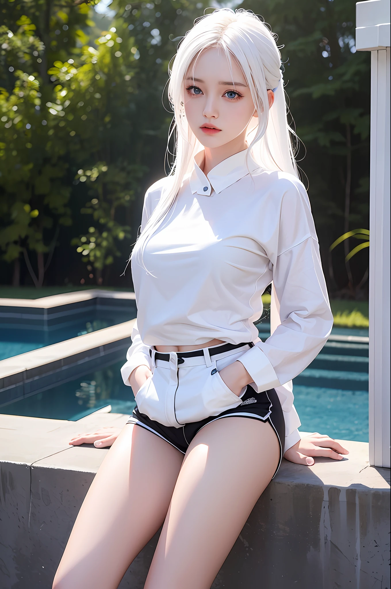 Realistic, high resolution, 1 girl, white hair, Korean, blue eyes, white shirt, tight black shorts, long legs
