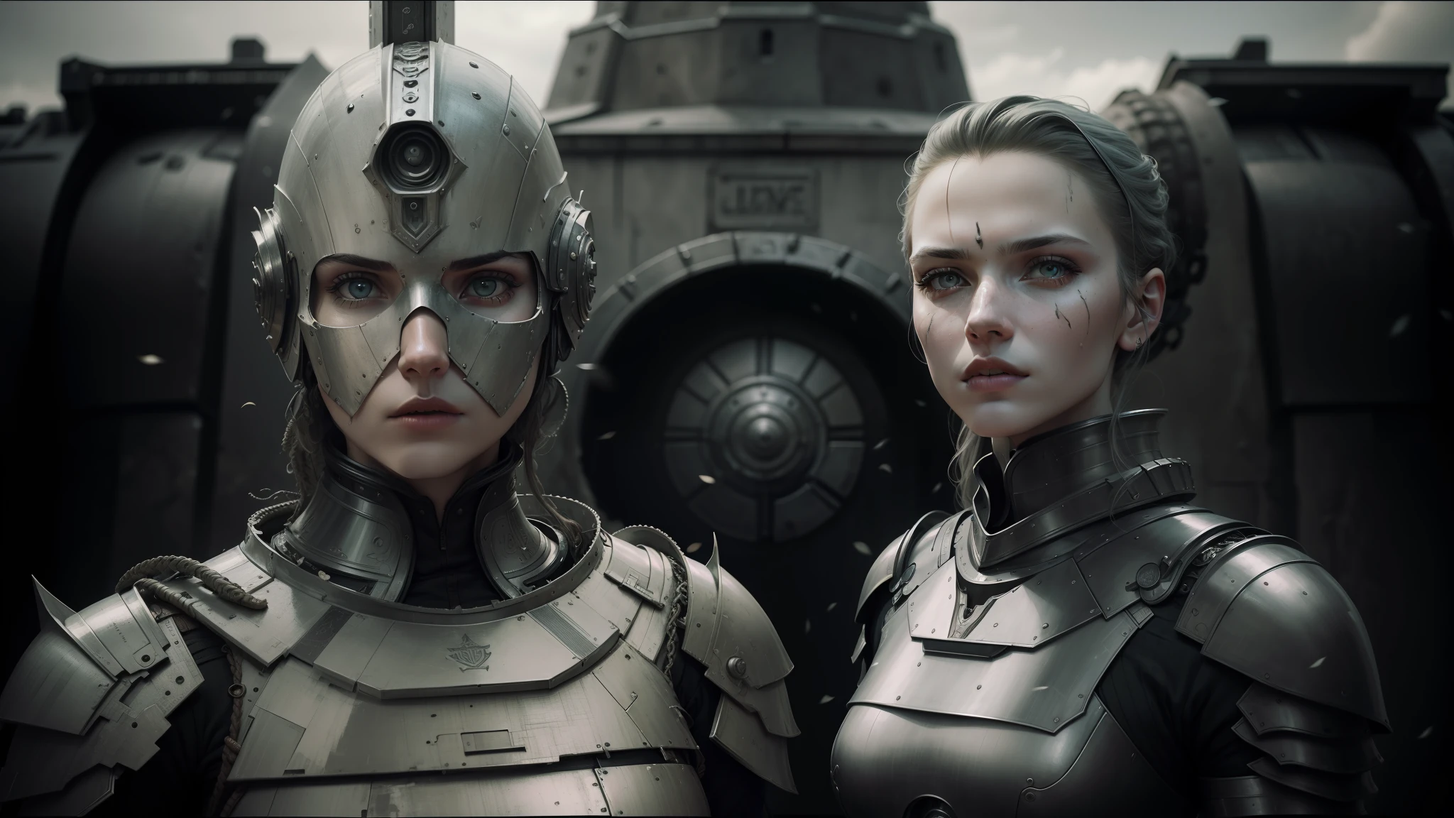 there are two women in armor standing next to each other, highly detailed surreal vfx, inspired by Peter Lindbergh, desaturated and muted colors, inspired by Nikola Avramov, clockpunk, detailed and beautiful faces, by Steven James Petruccio, prometheus (2012)