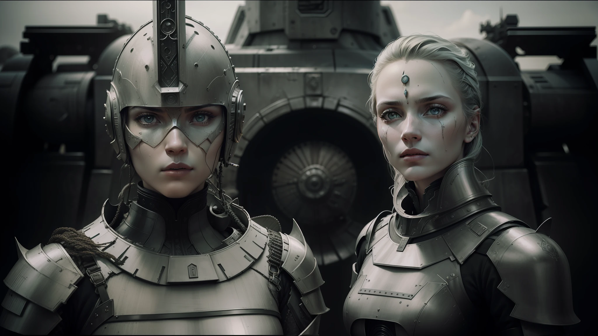 there are two women in armor standing next to each other, highly detailed surreal vfx, inspired by Peter Lindbergh, desaturated and muted colors, inspired by Nikola Avramov, clockpunk, detailed and beautiful faces, by Steven James Petruccio, prometheus (2012)