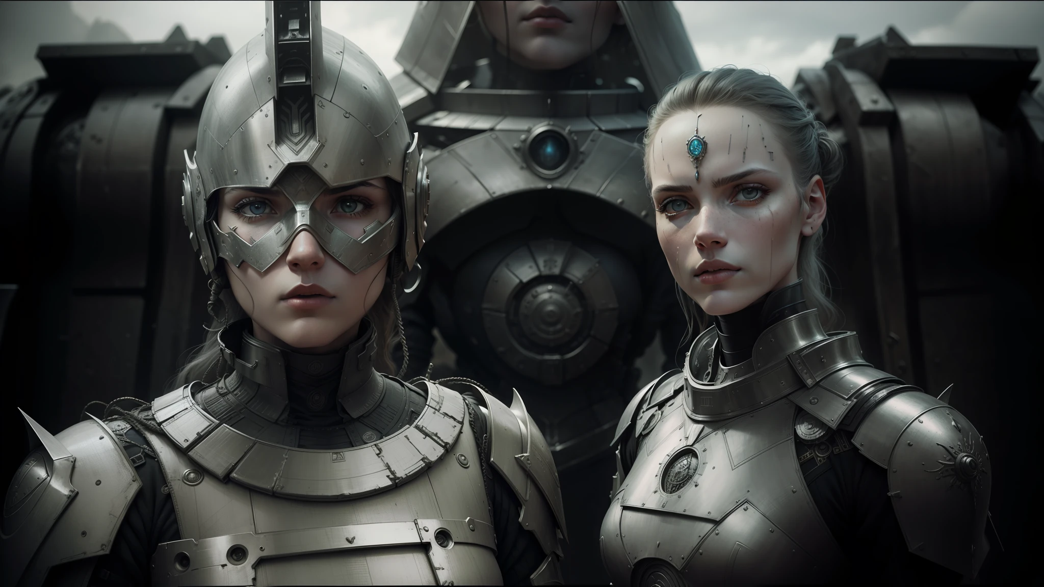 there are two women in armor standing next to each other, highly detailed surreal vfx, inspired by Peter Lindbergh, desaturated and muted colors, inspired by Nikola Avramov, clockpunk, detailed and beautiful faces, by Steven James Petruccio, prometheus (2012)