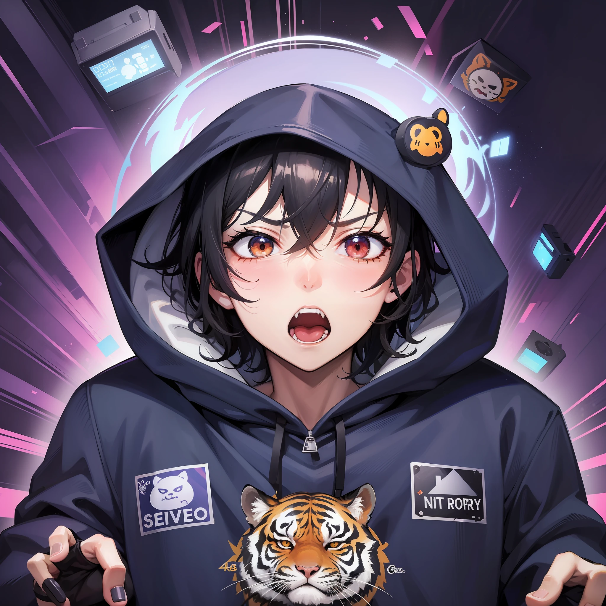 Boy in hoodie, index finger to mouth, facing camera, upper body, tiger sticker, key anime art, projectile on broken digital art, anime art wallpaper 8K, anime style 4K, badass anime 8K