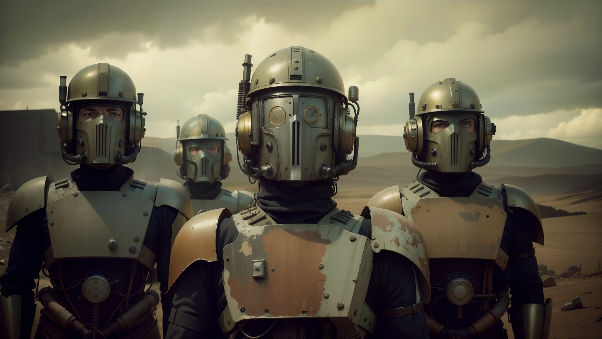 there are four men in helmets standing in a line, cyber steampunk 8 k 3 d, television screenshot, the fifth series, mugshots, anthropomorphic machine, standing in wasteland, wales, promotional shot