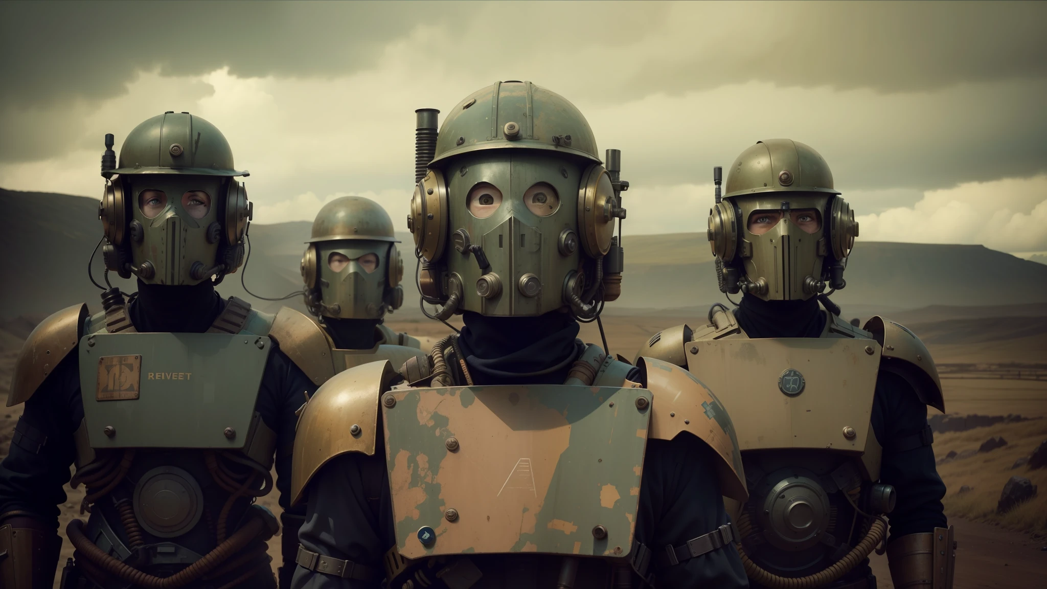 there are four men in helmets standing in a line, cyber steampunk 8 k 3 d, television screenshot, the fifth series, mugshots, anthropomorphic machine, standing in wasteland, wales, promotional shot