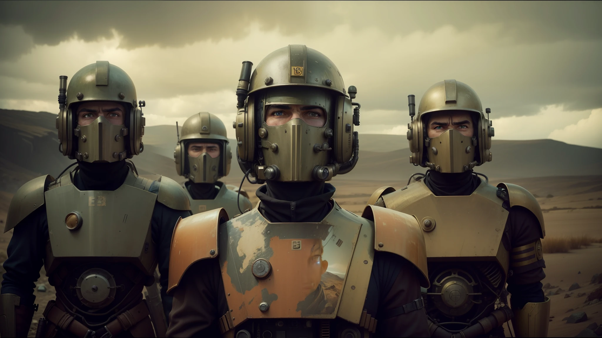 there are four men in helmets standing in a line, cyber steampunk 8 k 3 d, television screenshot, the fifth series, mugshots, anthropomorphic machine, standing in wasteland, wales, promotional shot